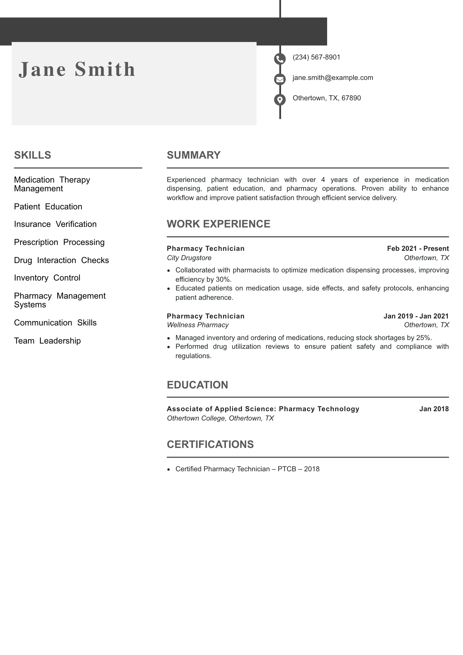 Mid Level Pharmacy Technician Resume Example