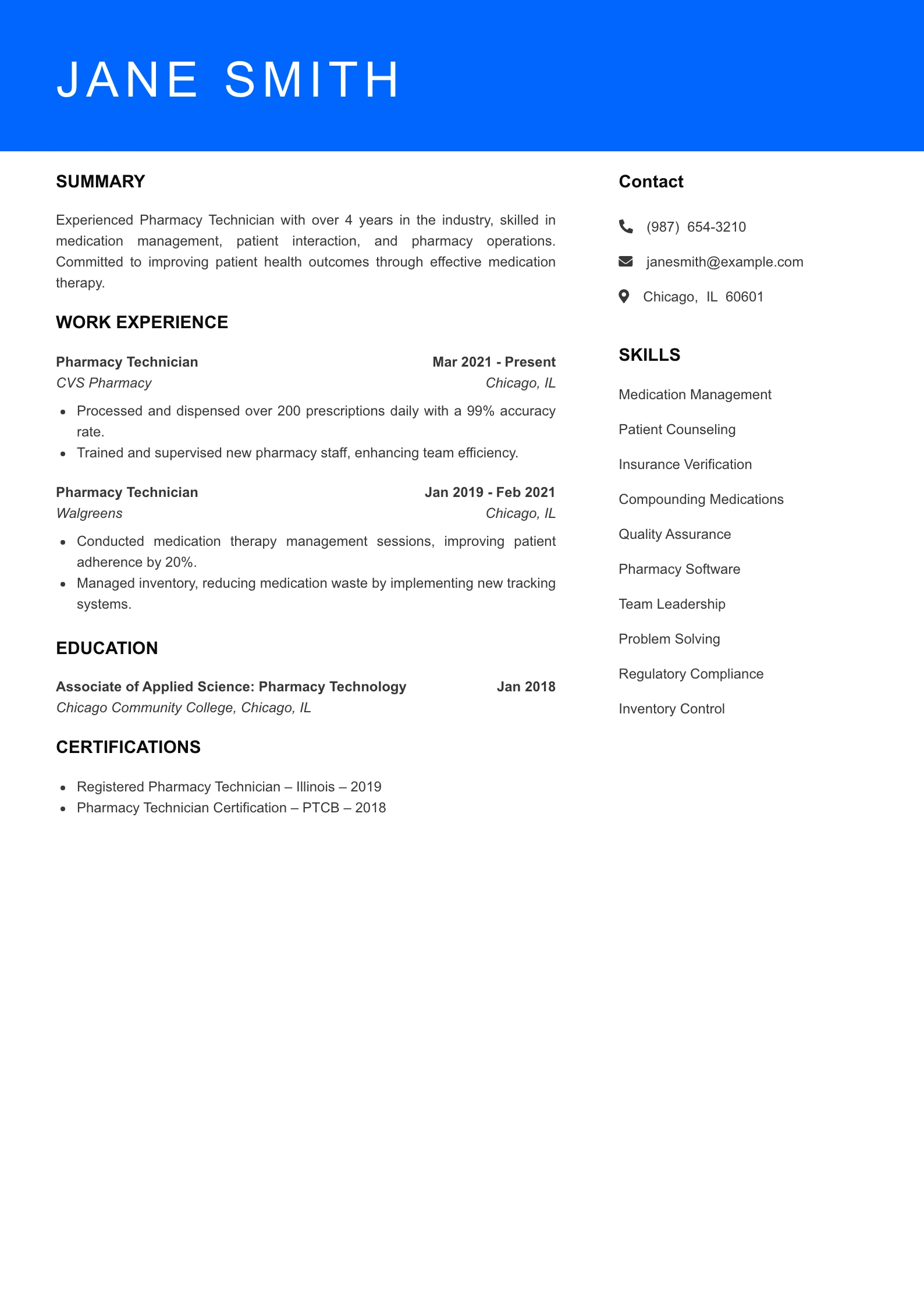 Mid Level Pharmacy Technician Resume Sample
