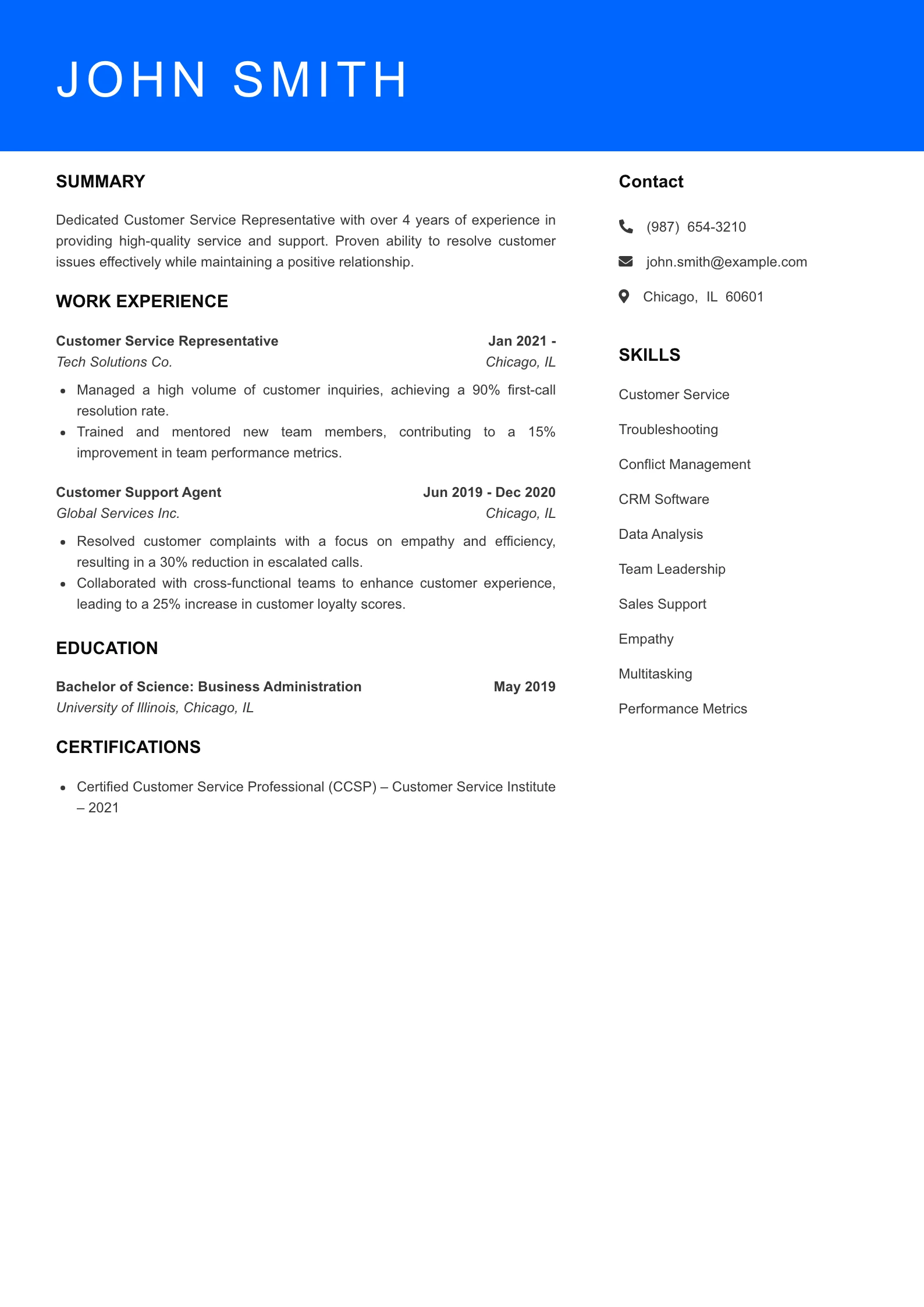 Mid Level Customer Service Representative Resume Sample