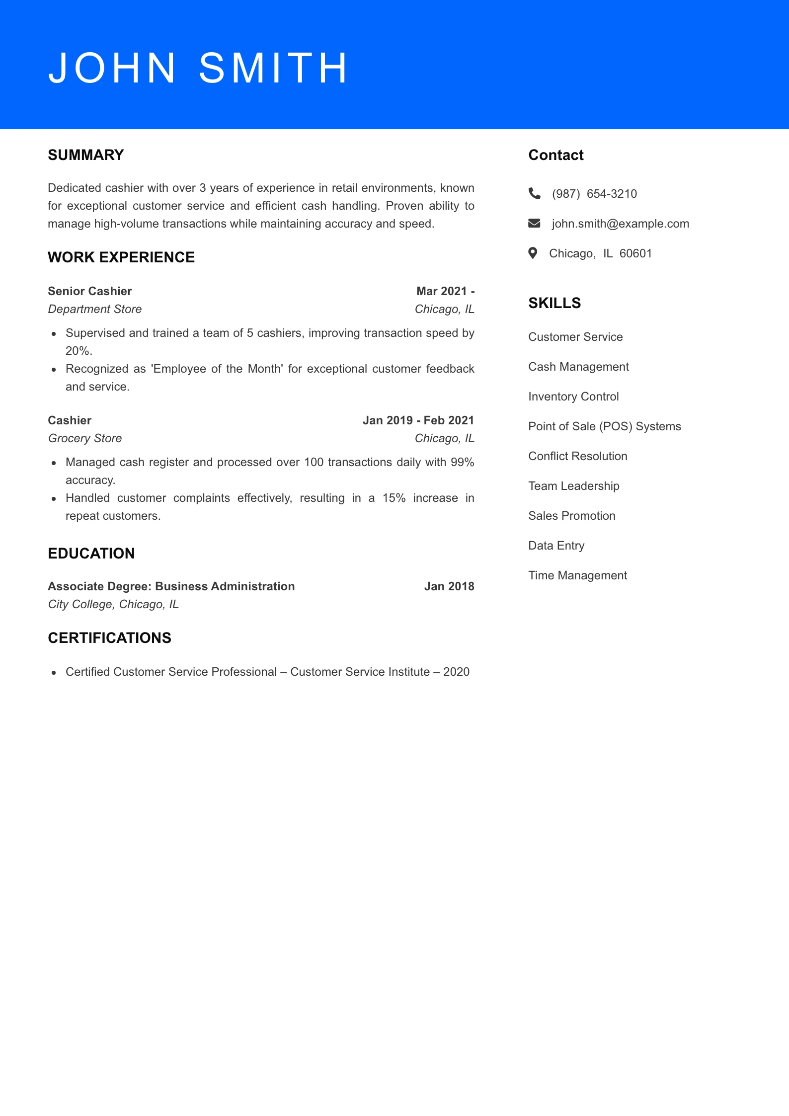 Mid Level Cashier Resume Sample