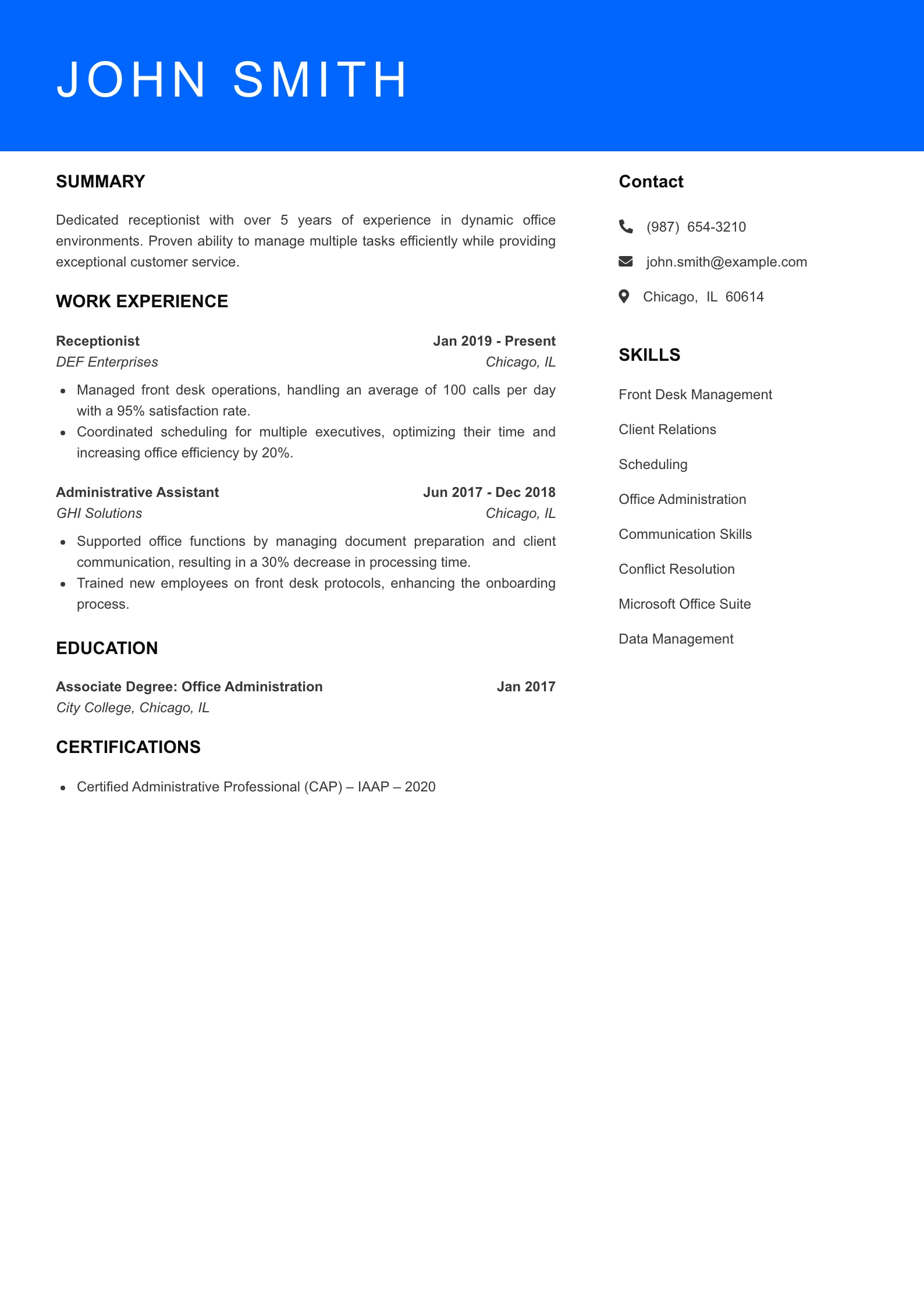 Mid Level Receptionist Resume Sample