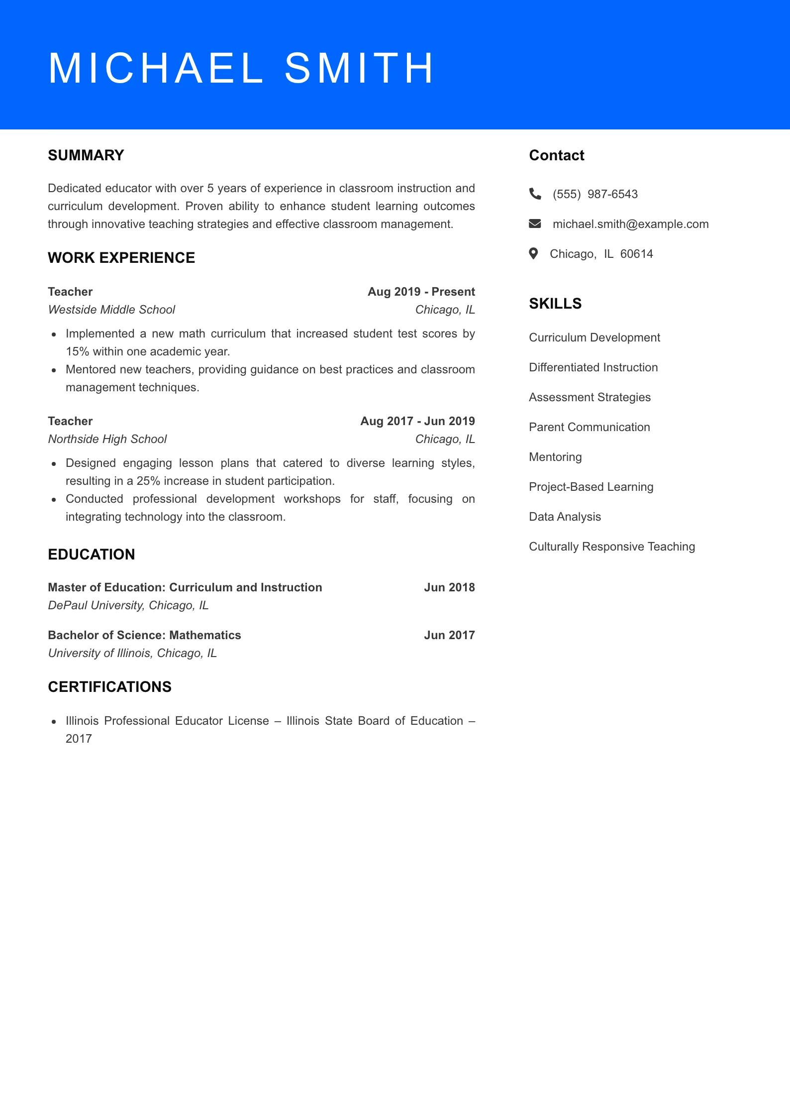 Mid Level Teacher Resume Sample
