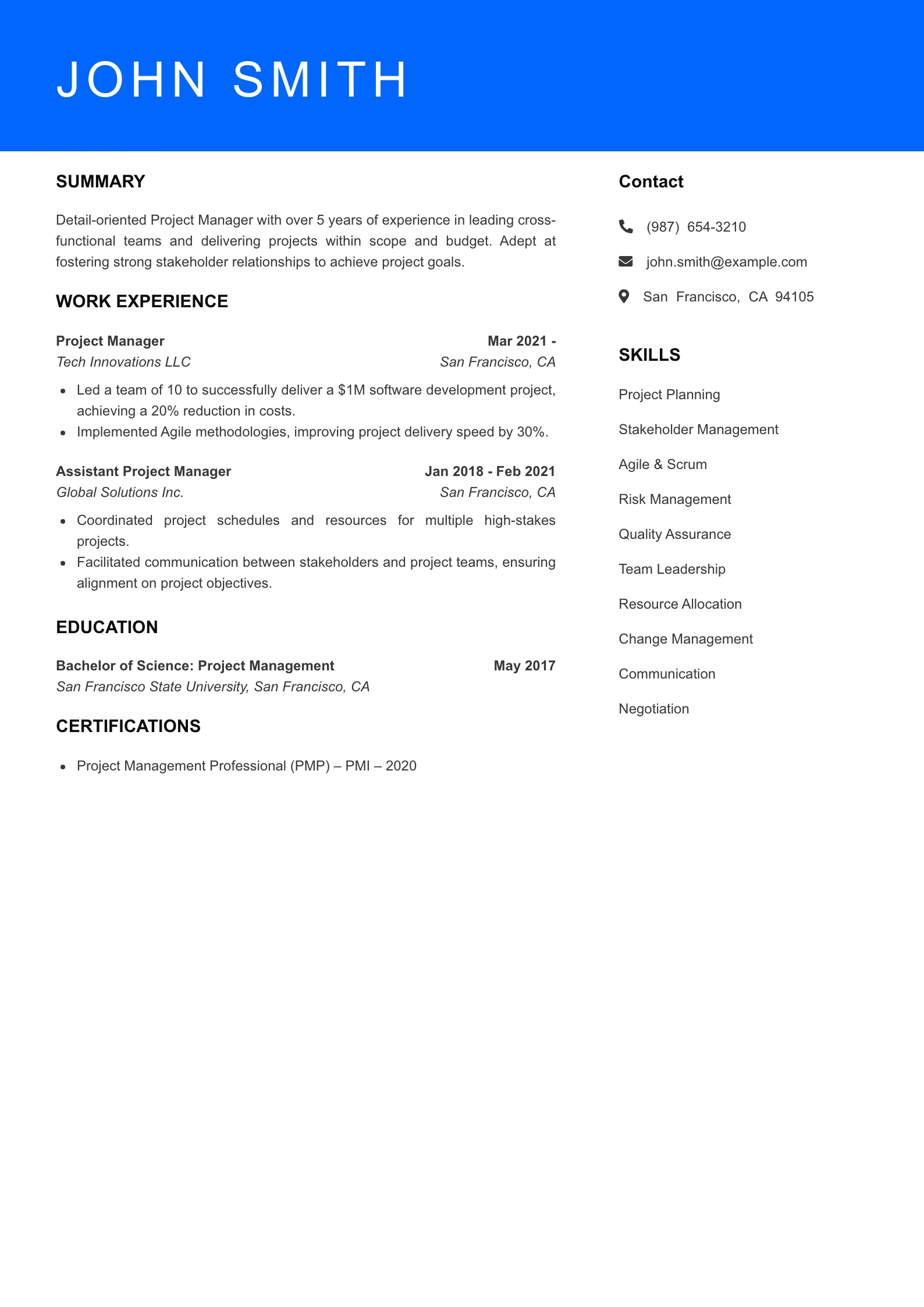 Mid Level Project Manager Resume Example