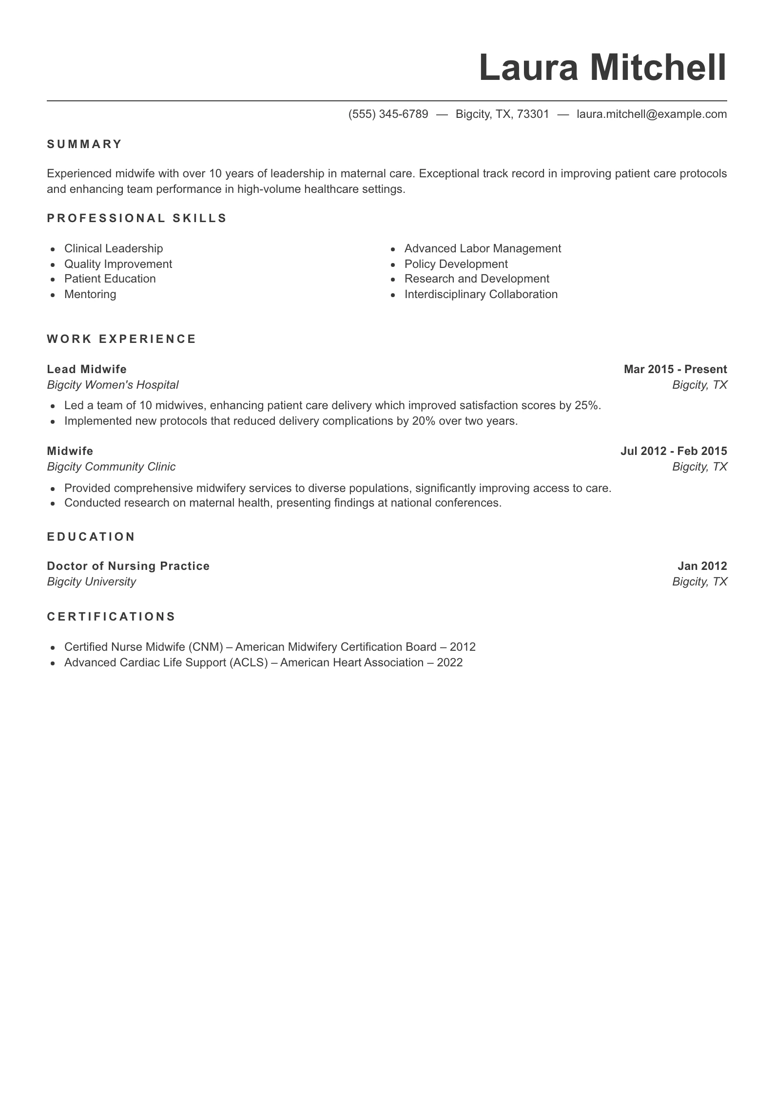 Senior Level Midwife Resume Example