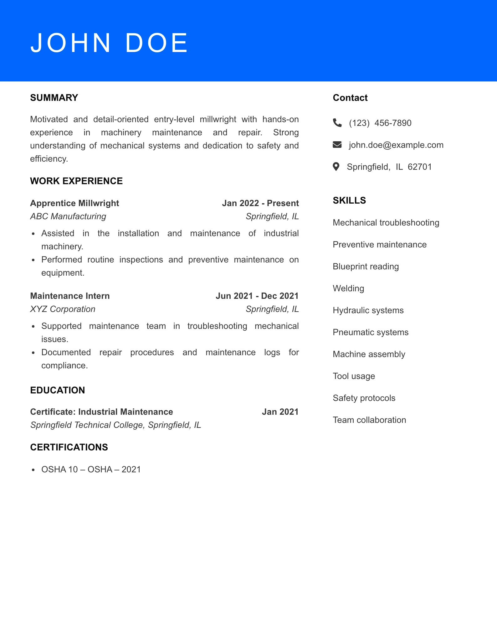 Selected Millwright Resume