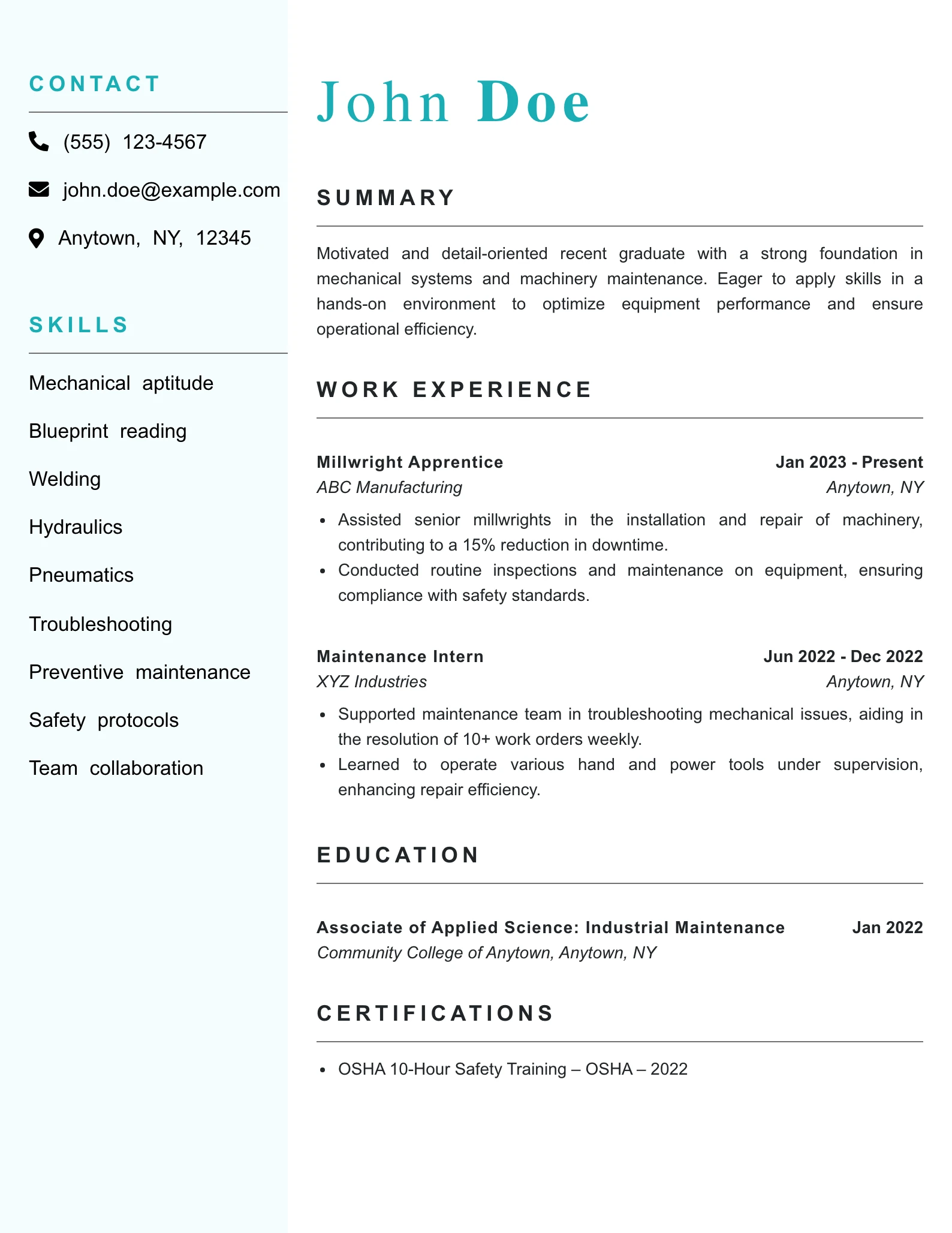 Entry Level Millwright Resume Example