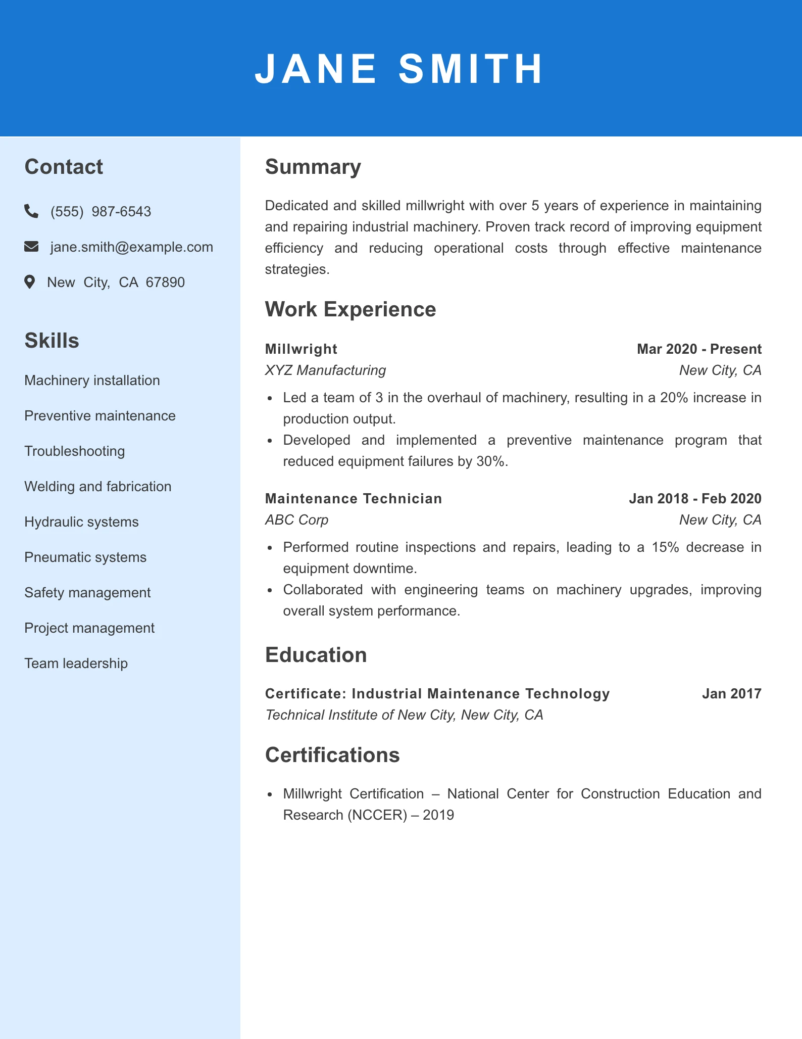 Mid Level Millwright Resume Example