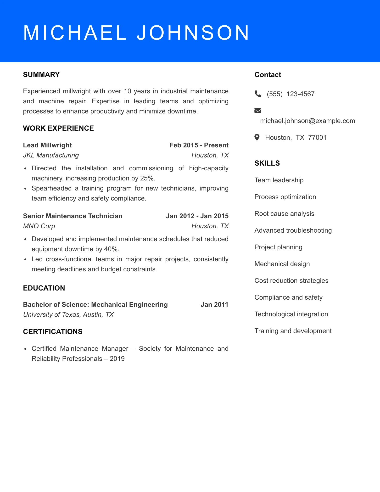 Senior Level Millwright Resume Sample