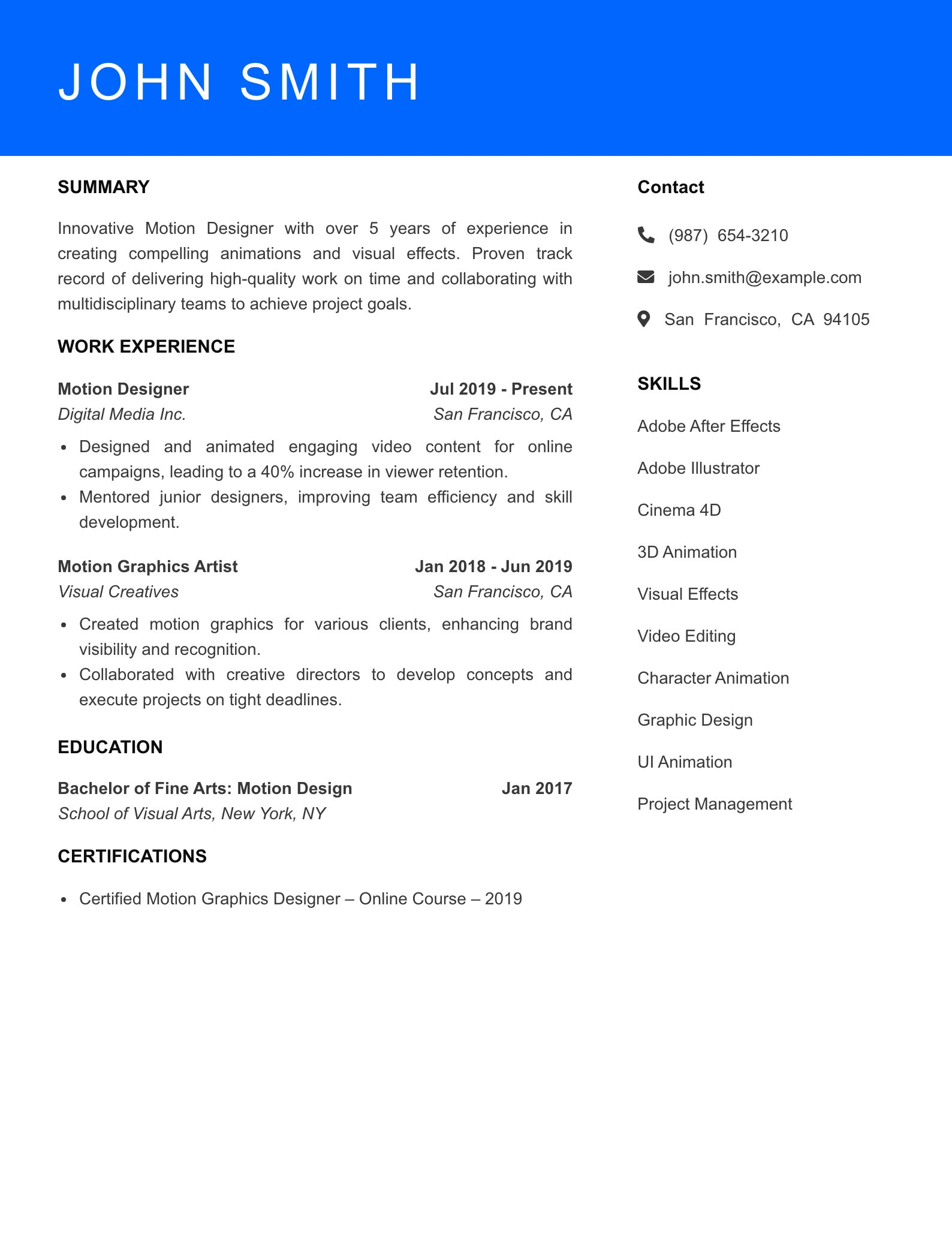 Mid Level Motion Designer Resume Sample
