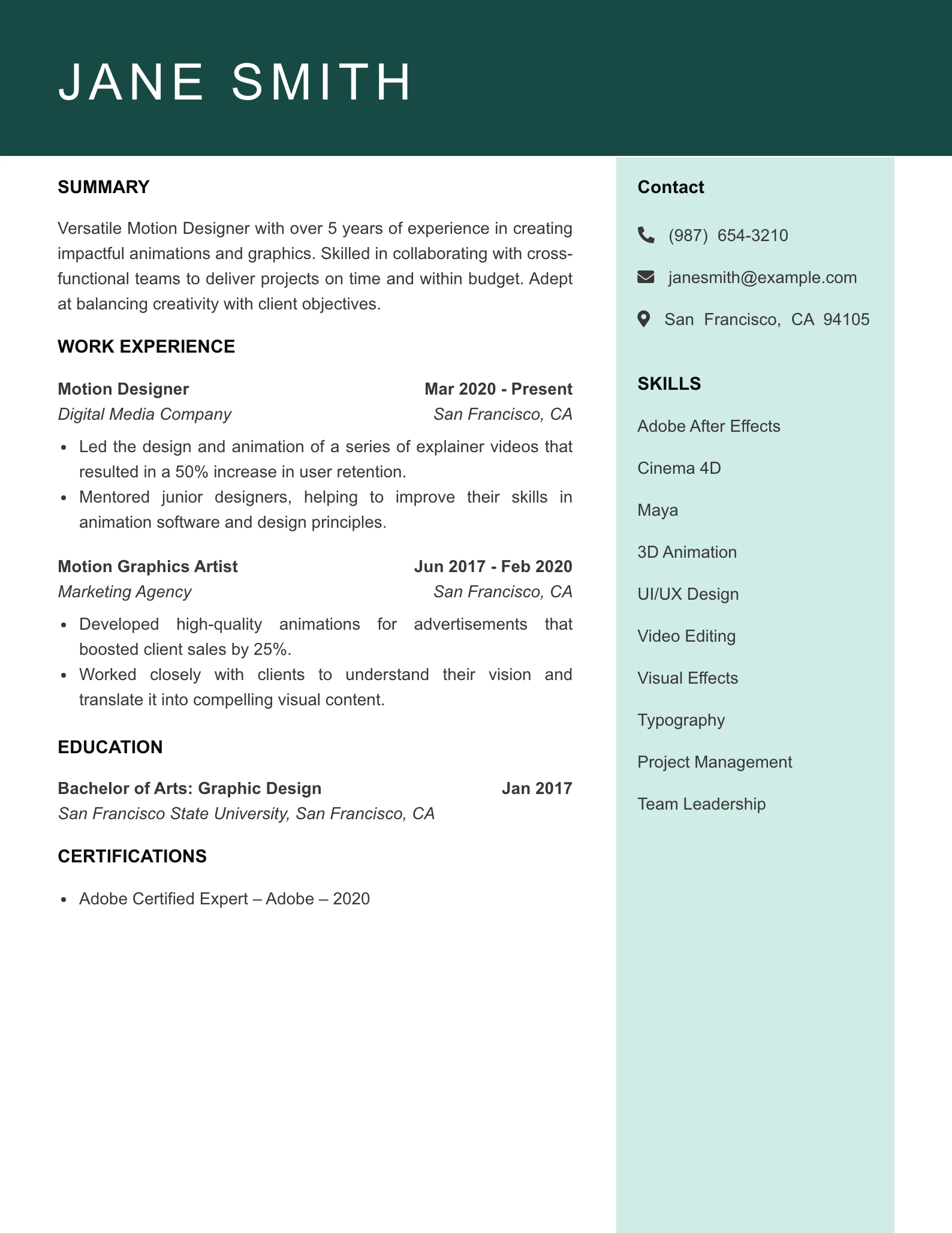 Mid Level Motion Designer Resume Example