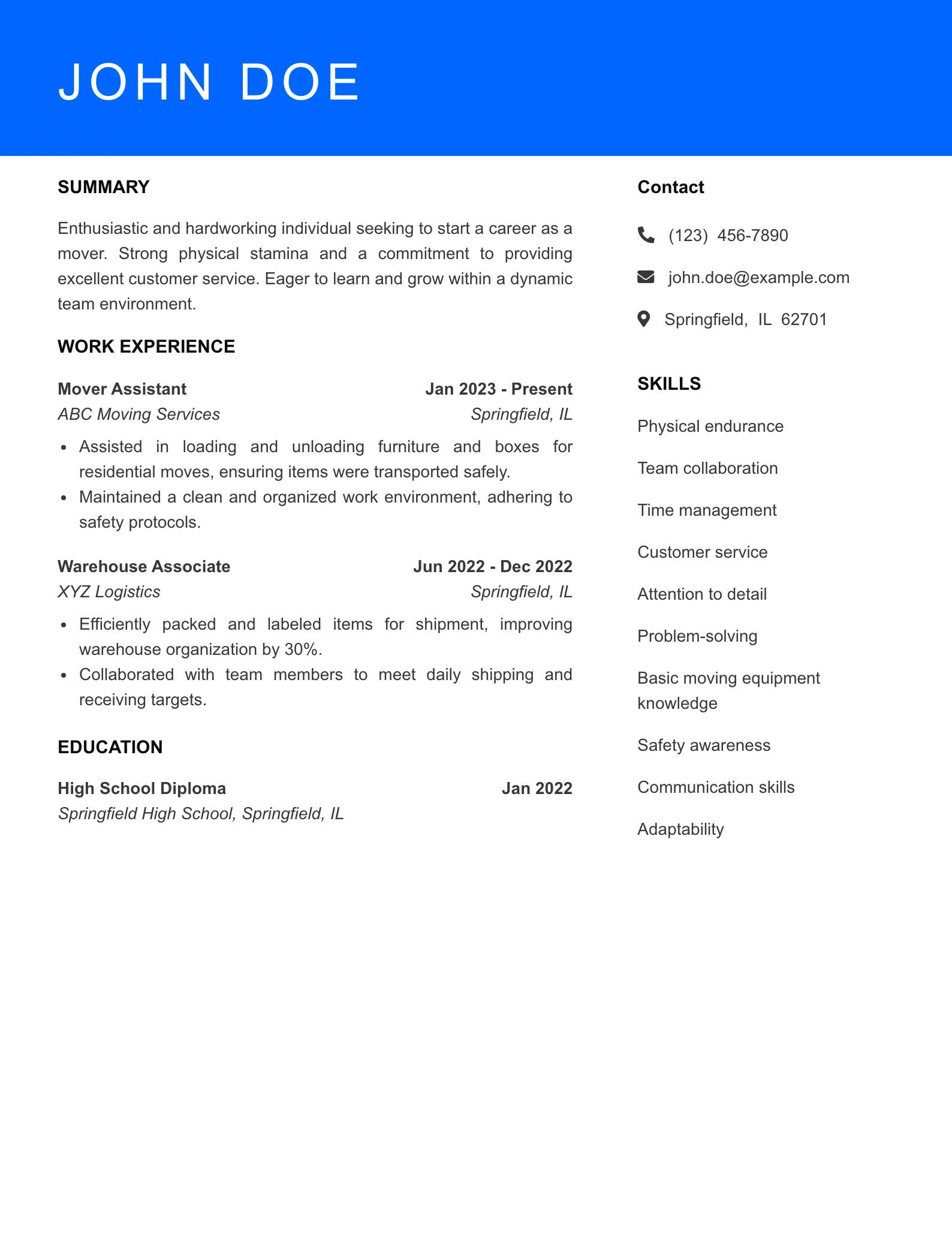 Selected Mover Resume