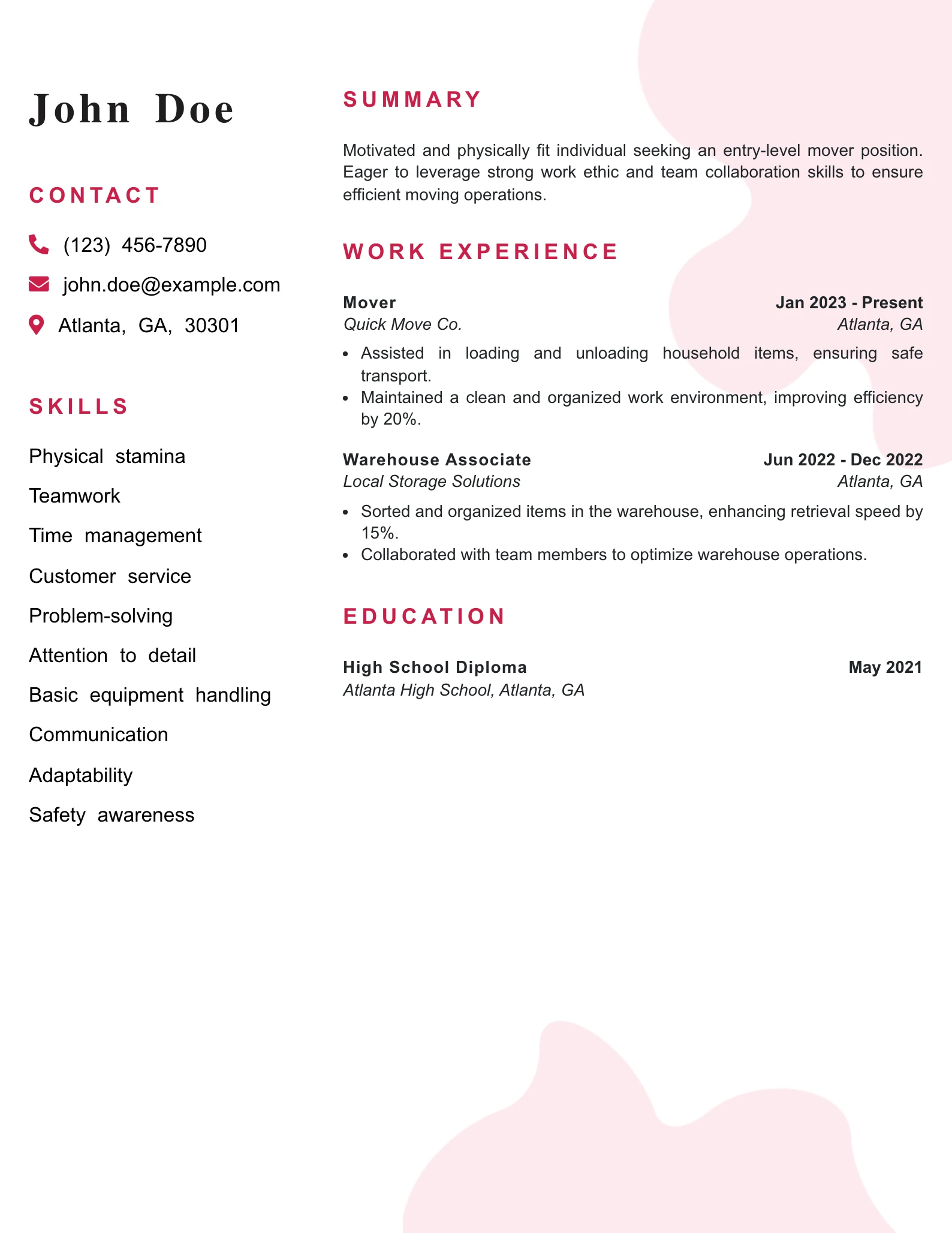 Entry Level Mover Resume Example