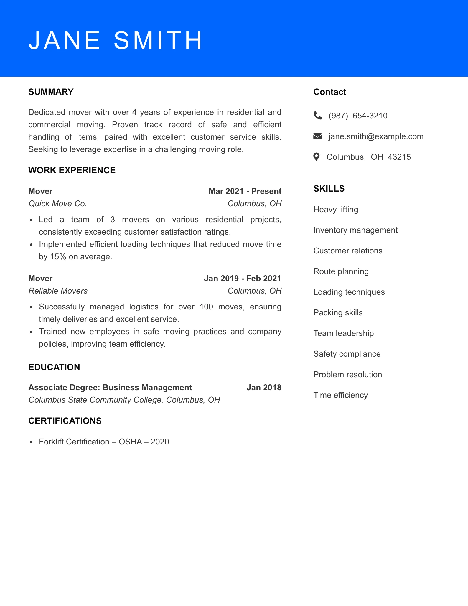 Mid Level Mover Resume Sample