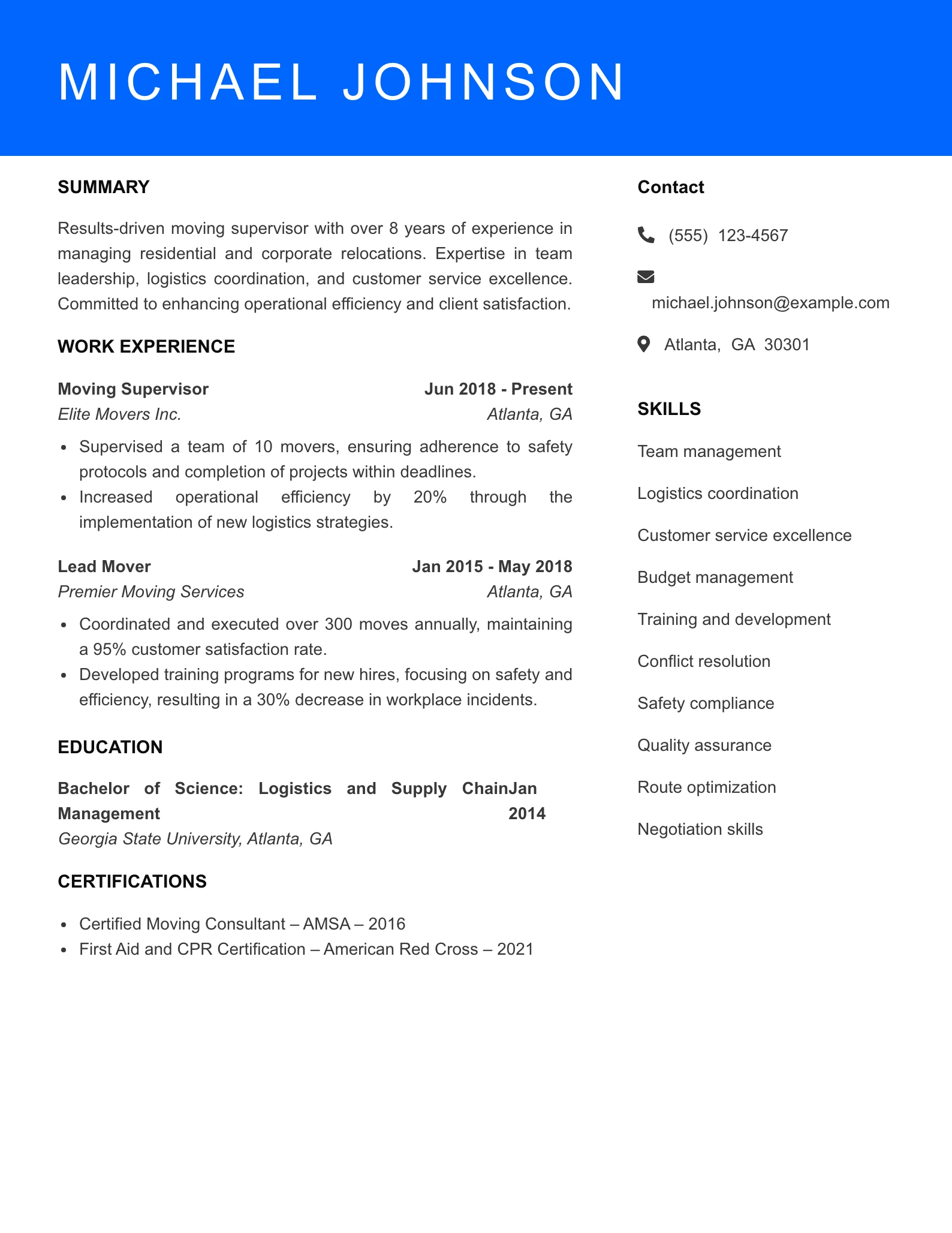 Senior Level Mover Resume Sample
