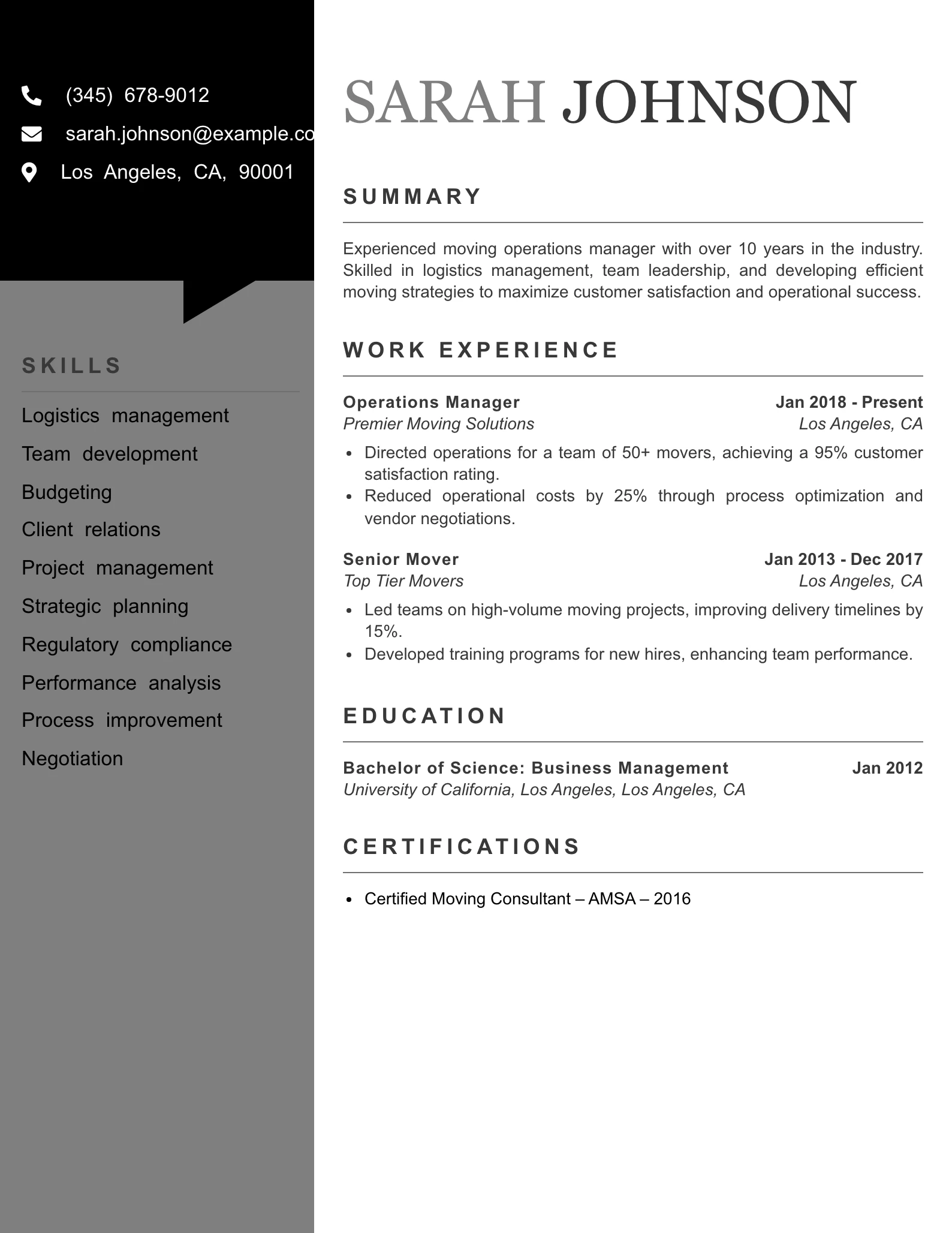 Senior Level Mover Resume Example
