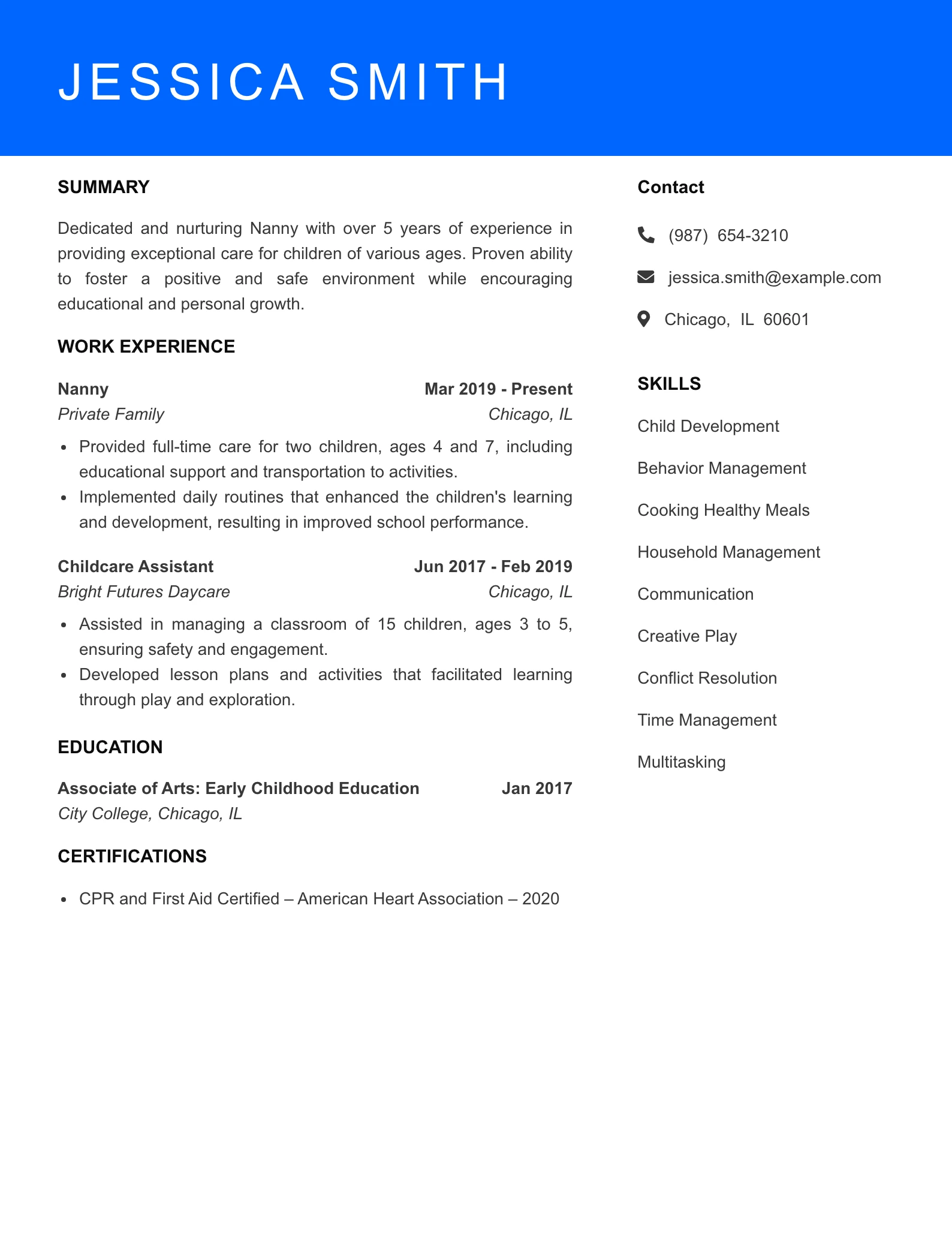 Mid Level Nanny Resume Sample