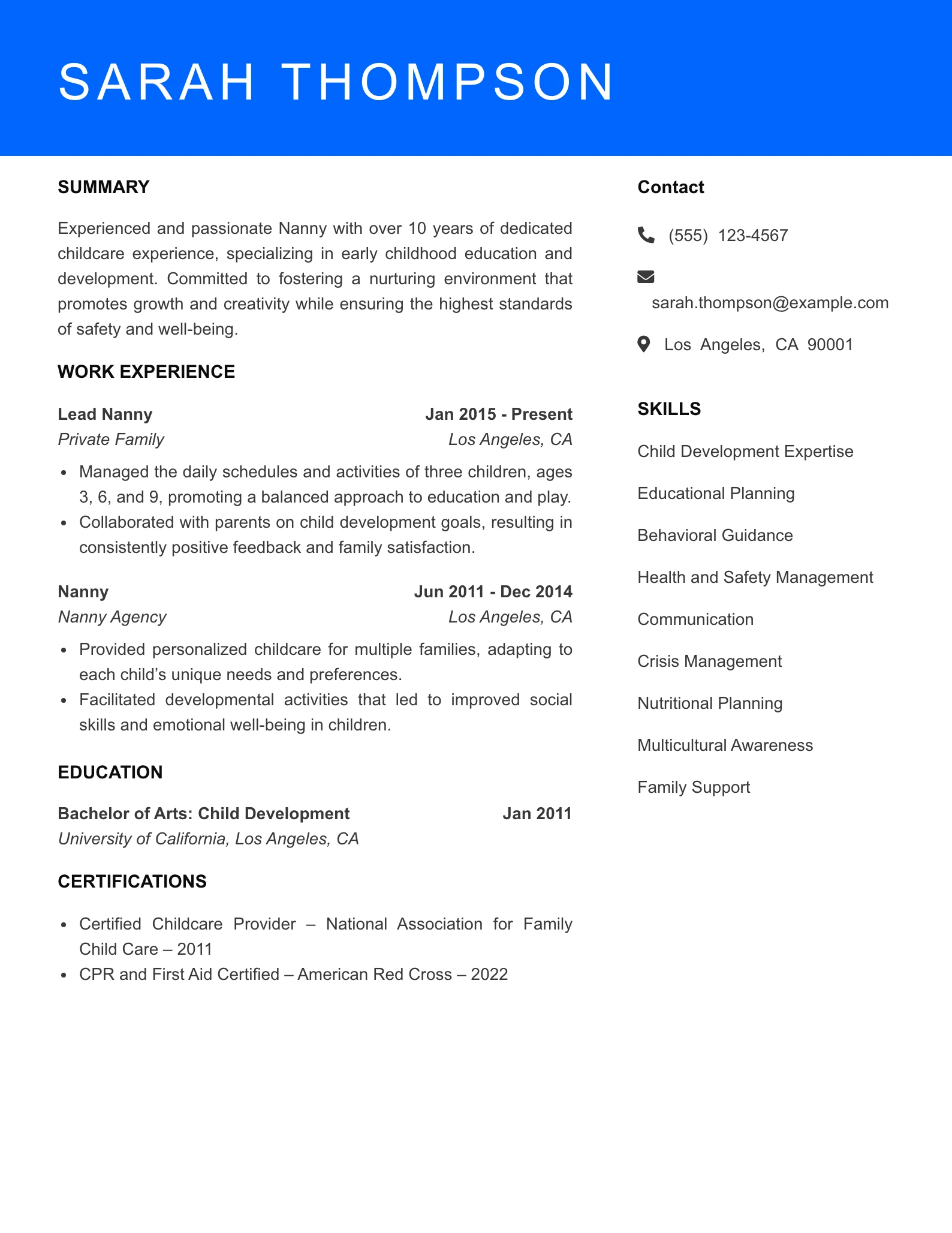 Senior Level Nanny Resume Sample