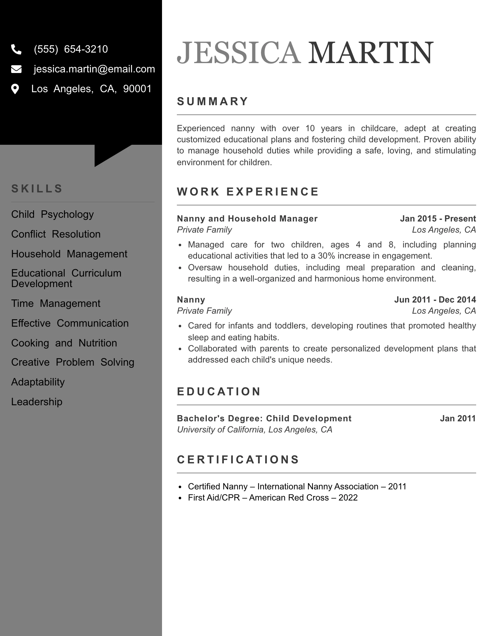 Senior Level Nanny Resume Example