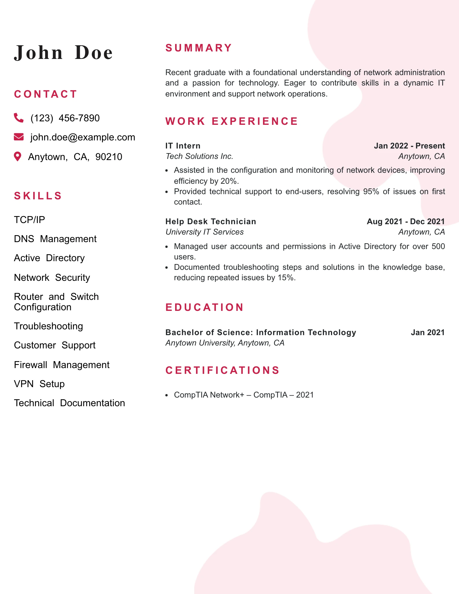 Entry Level Network Administrator Resume Example