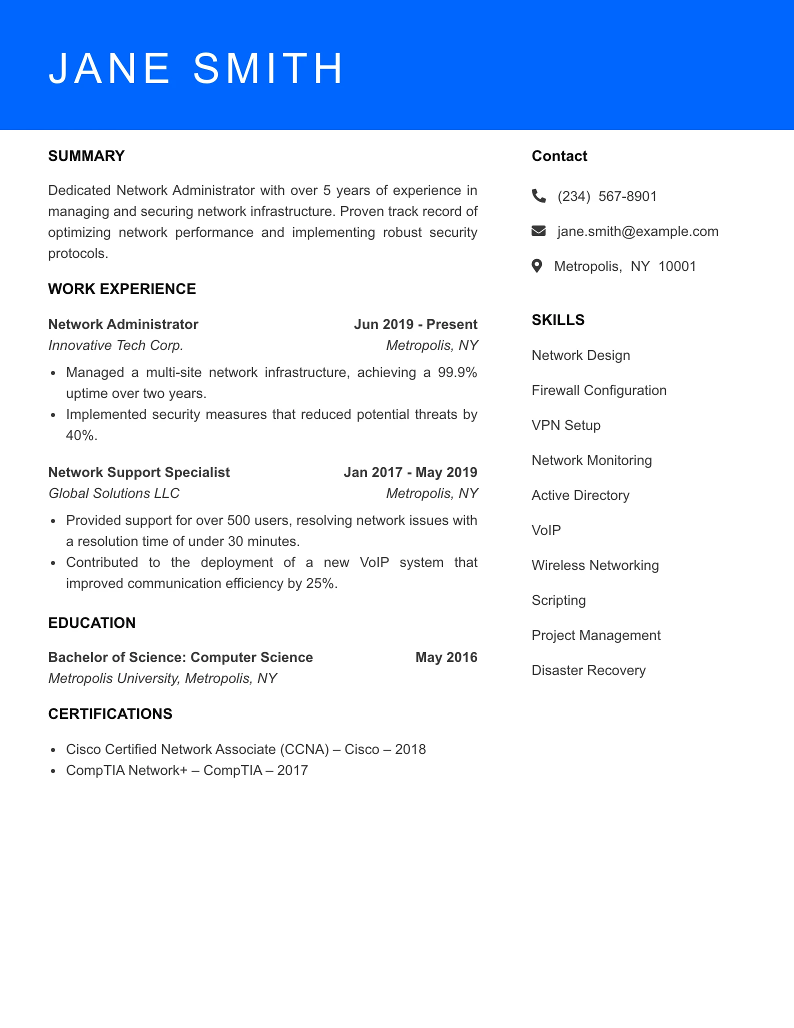 Mid Level Network Administrator Resume Sample