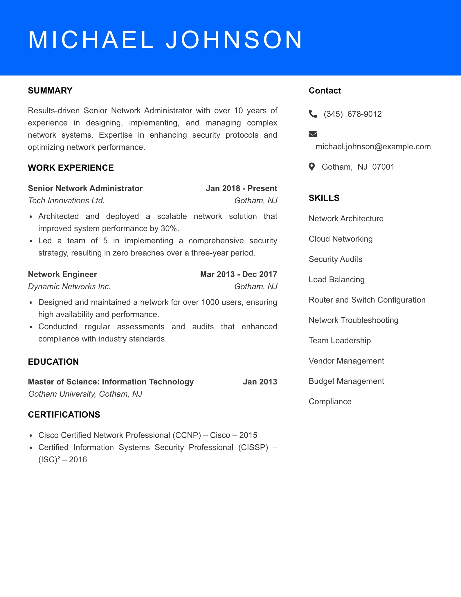 Senior Level Network Administrator Resume Sample