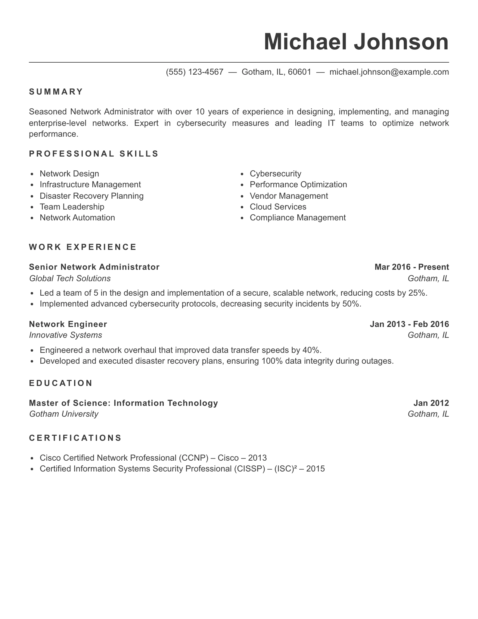 Senior Level Network Administrator Resume Example