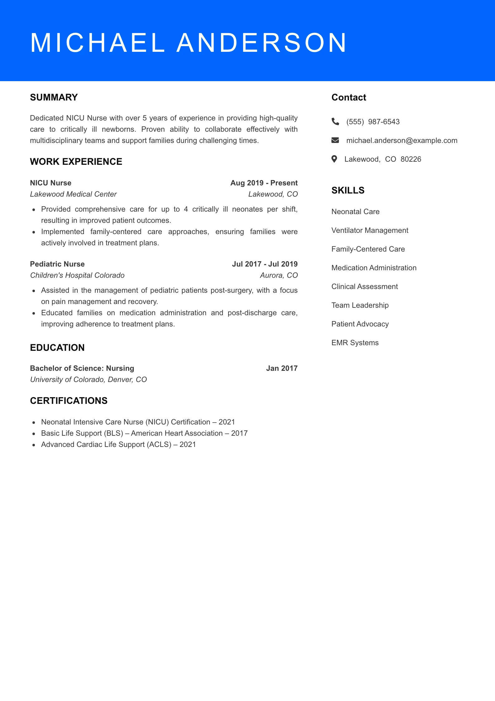 Mid Level NICU Nurse Resume Sample