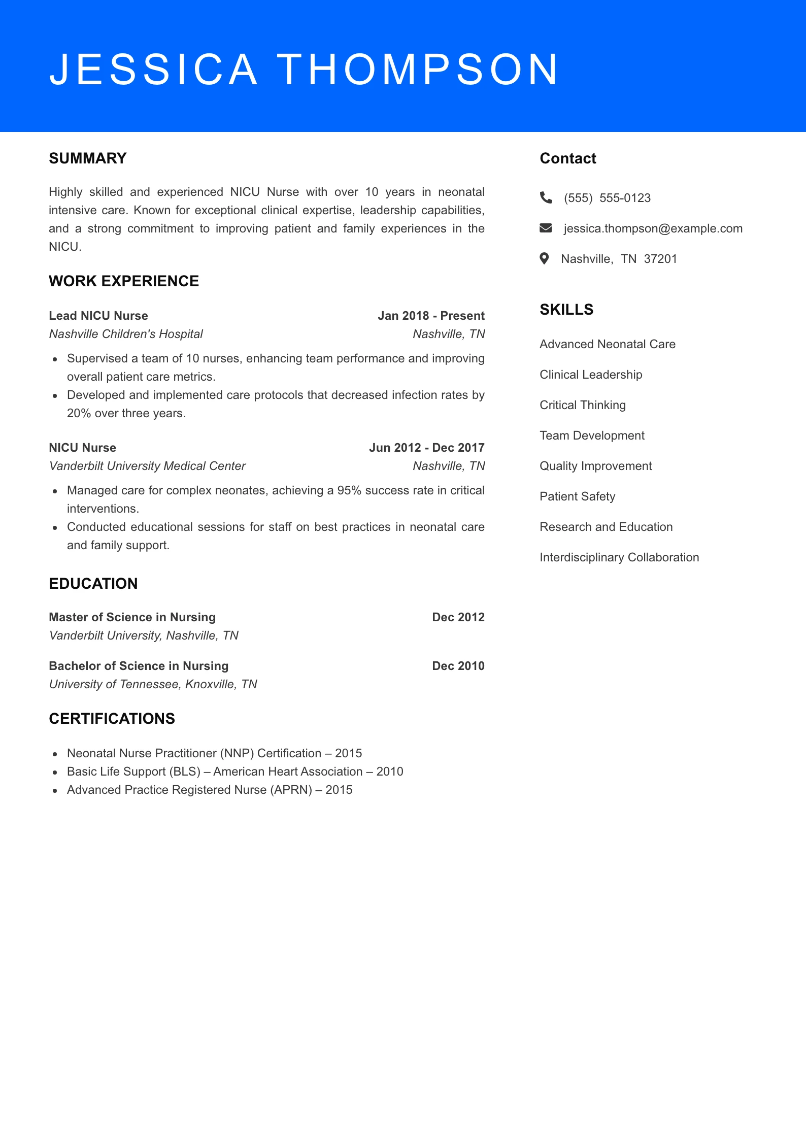 Senior Level NICU Nurse Resume Sample