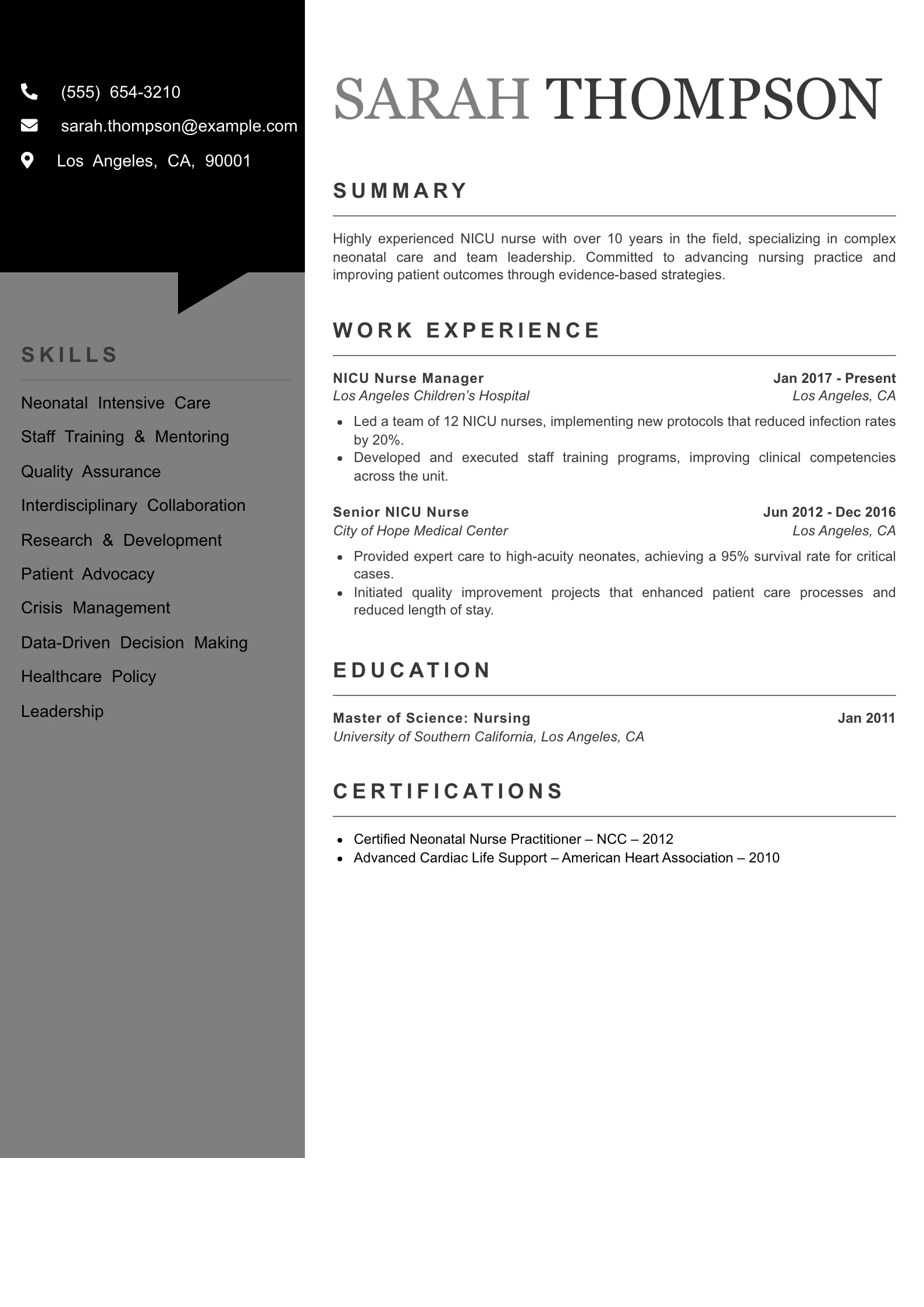 Senior Level NICU Nurse Resume Example