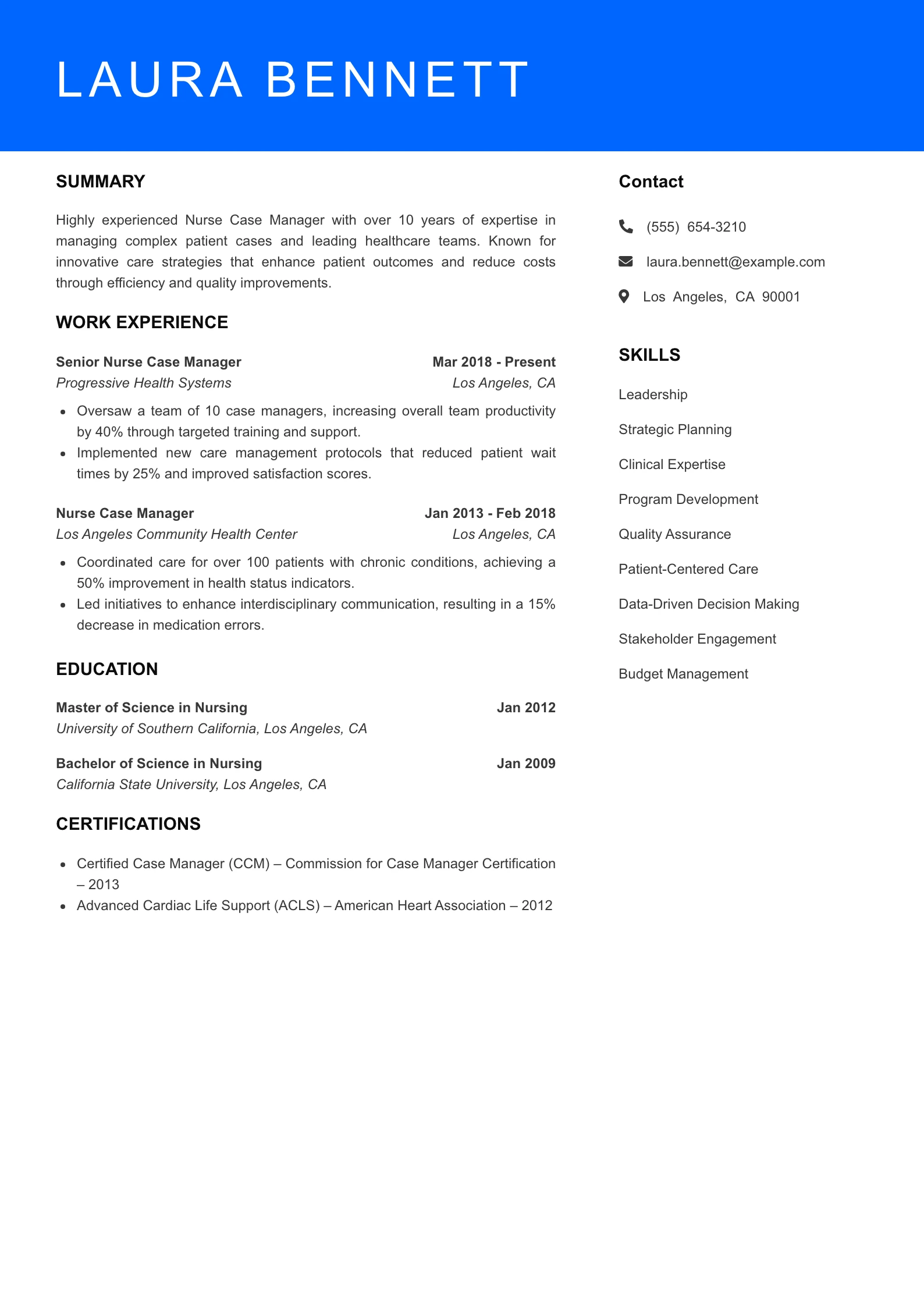 Senior Level Nurse Case Manager Resume Sample