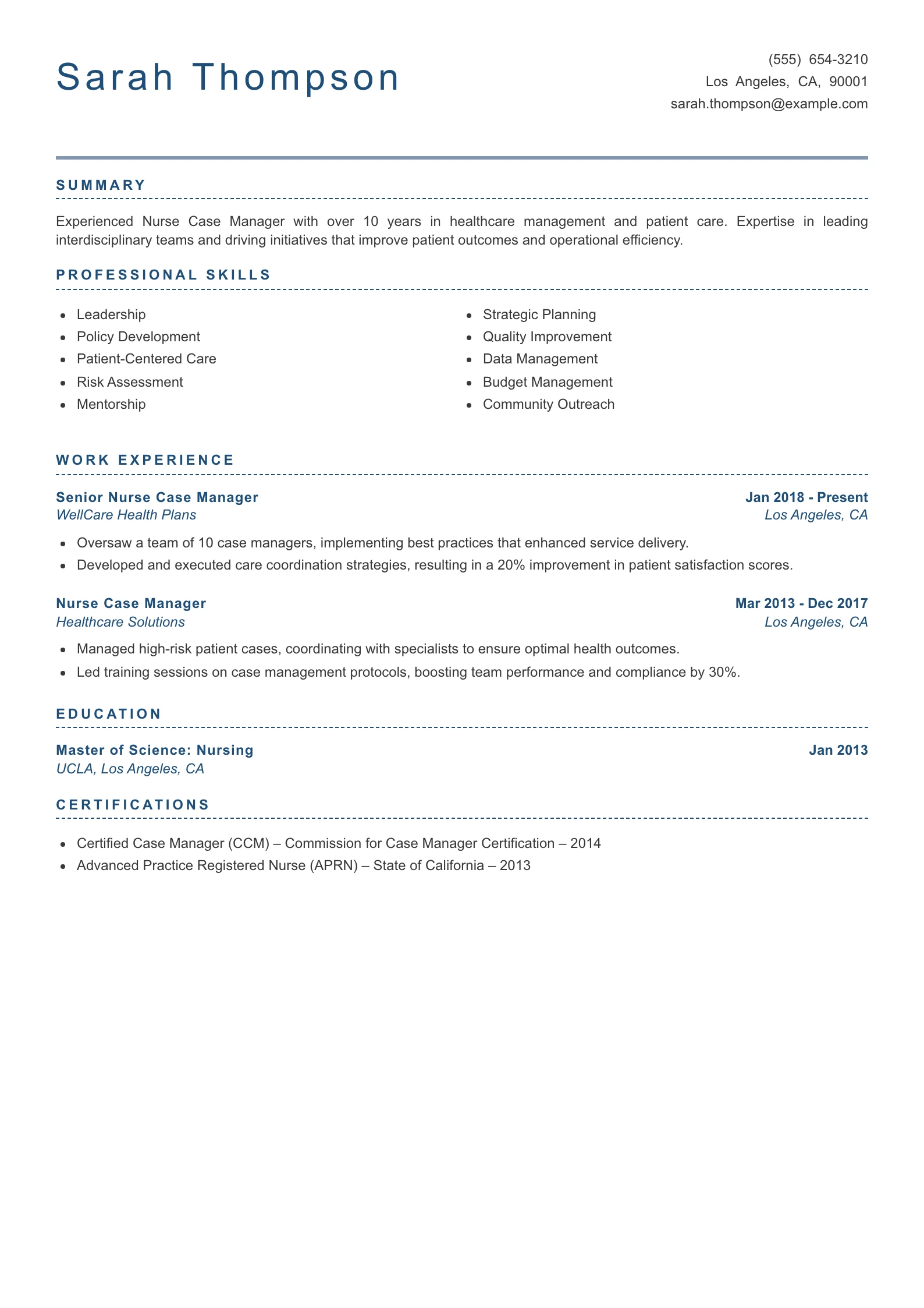 Senior Level Nurse Case Manager Resume Example
