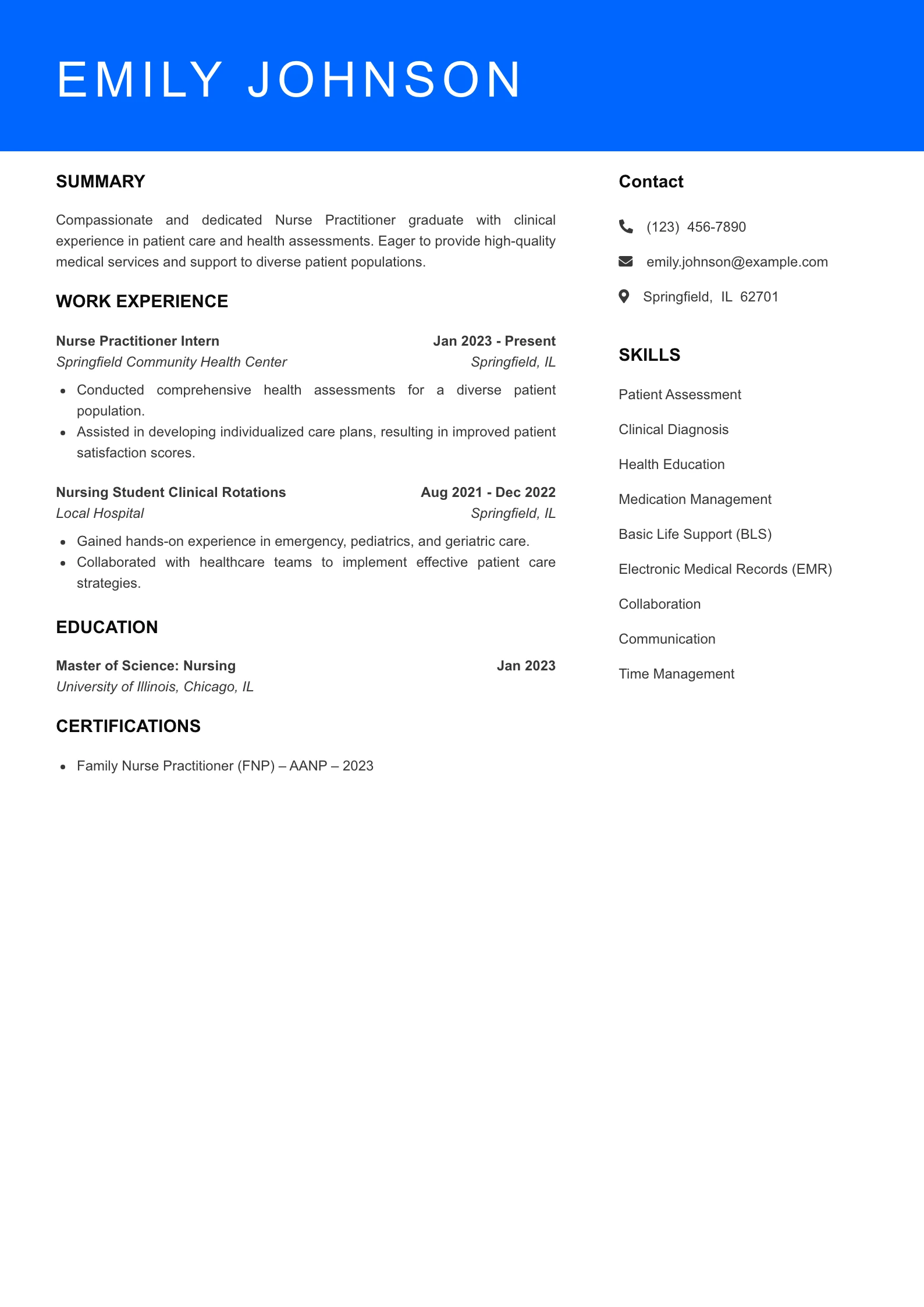 Selected Nurse Practitioner Resume