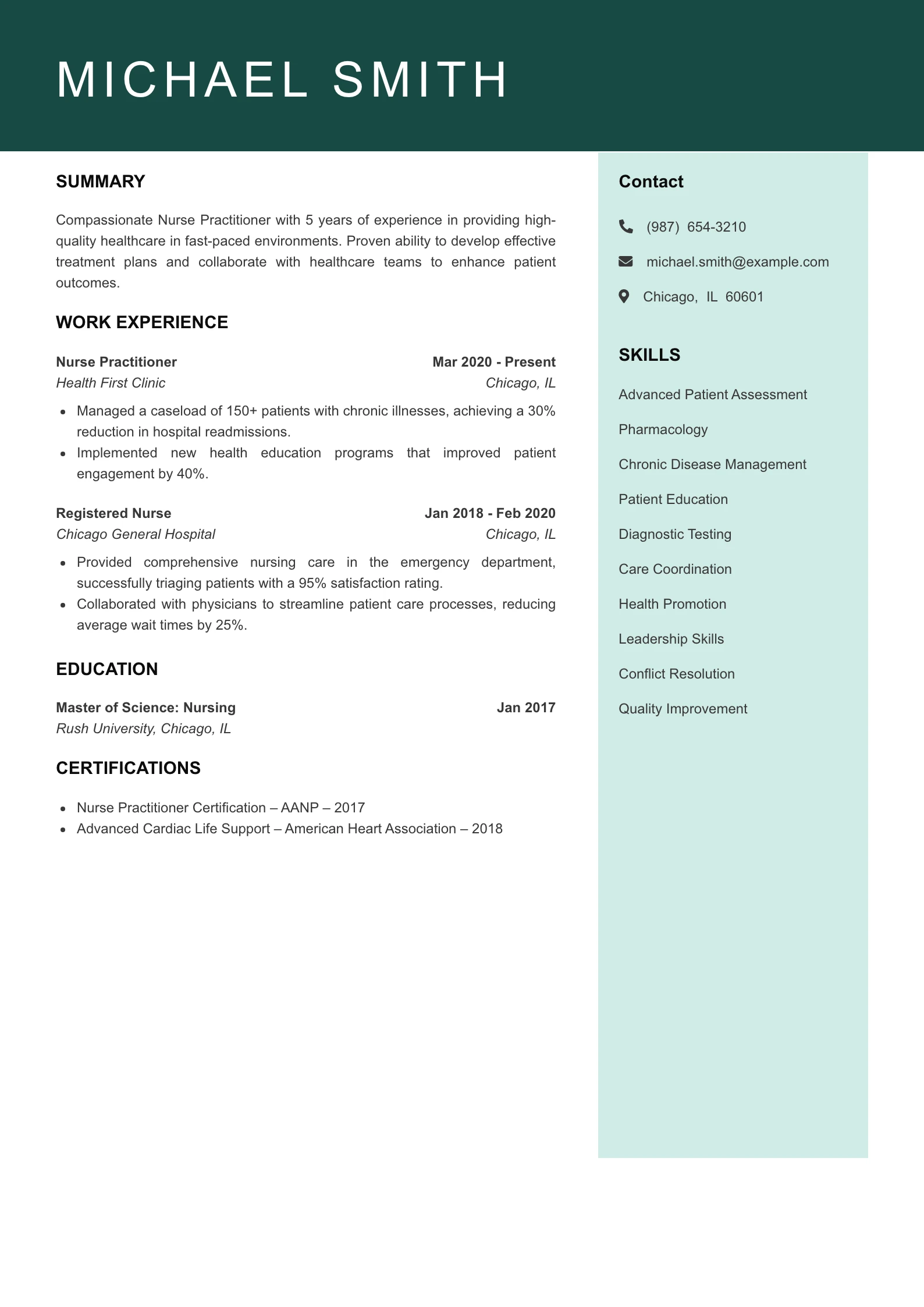 Mid Level Nurse Practitioner Resume Example