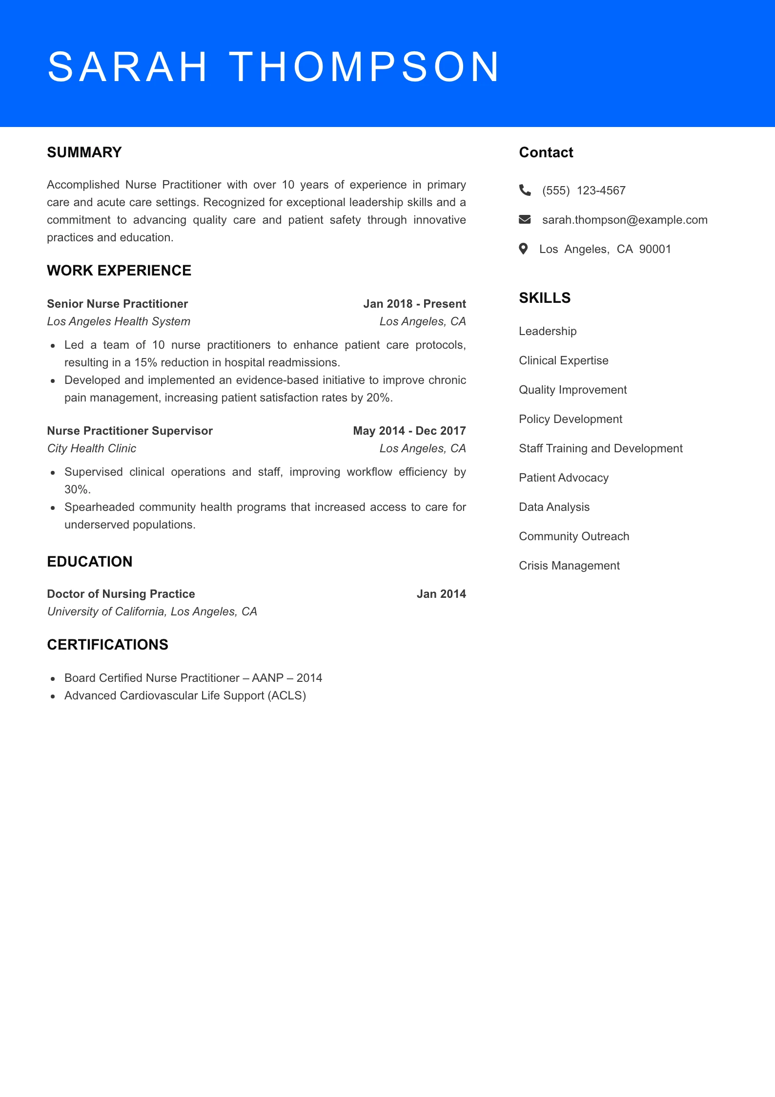 Senior Level Nurse Practitioner Resume Sample