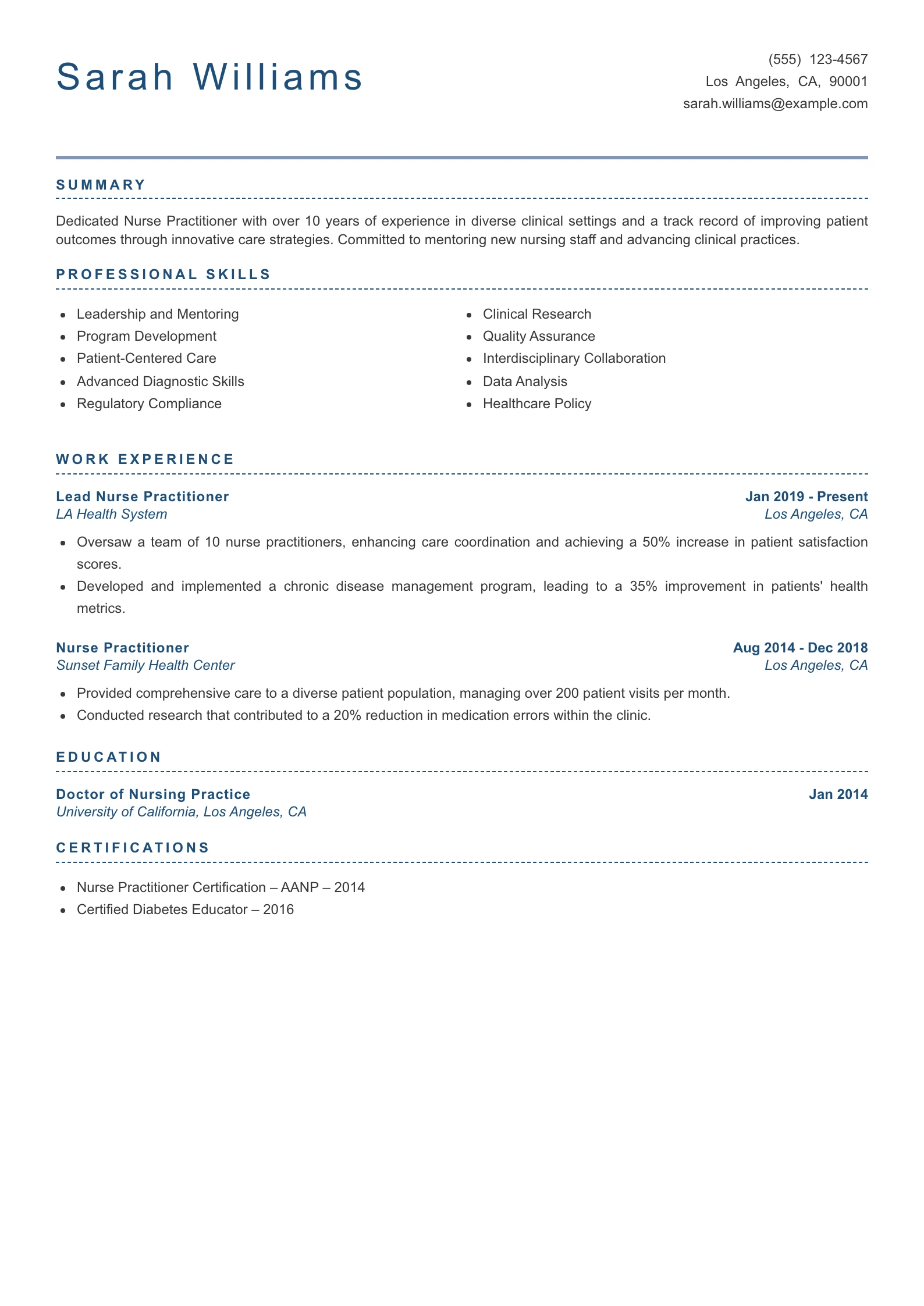 Senior Level Nurse Practitioner Resume Example