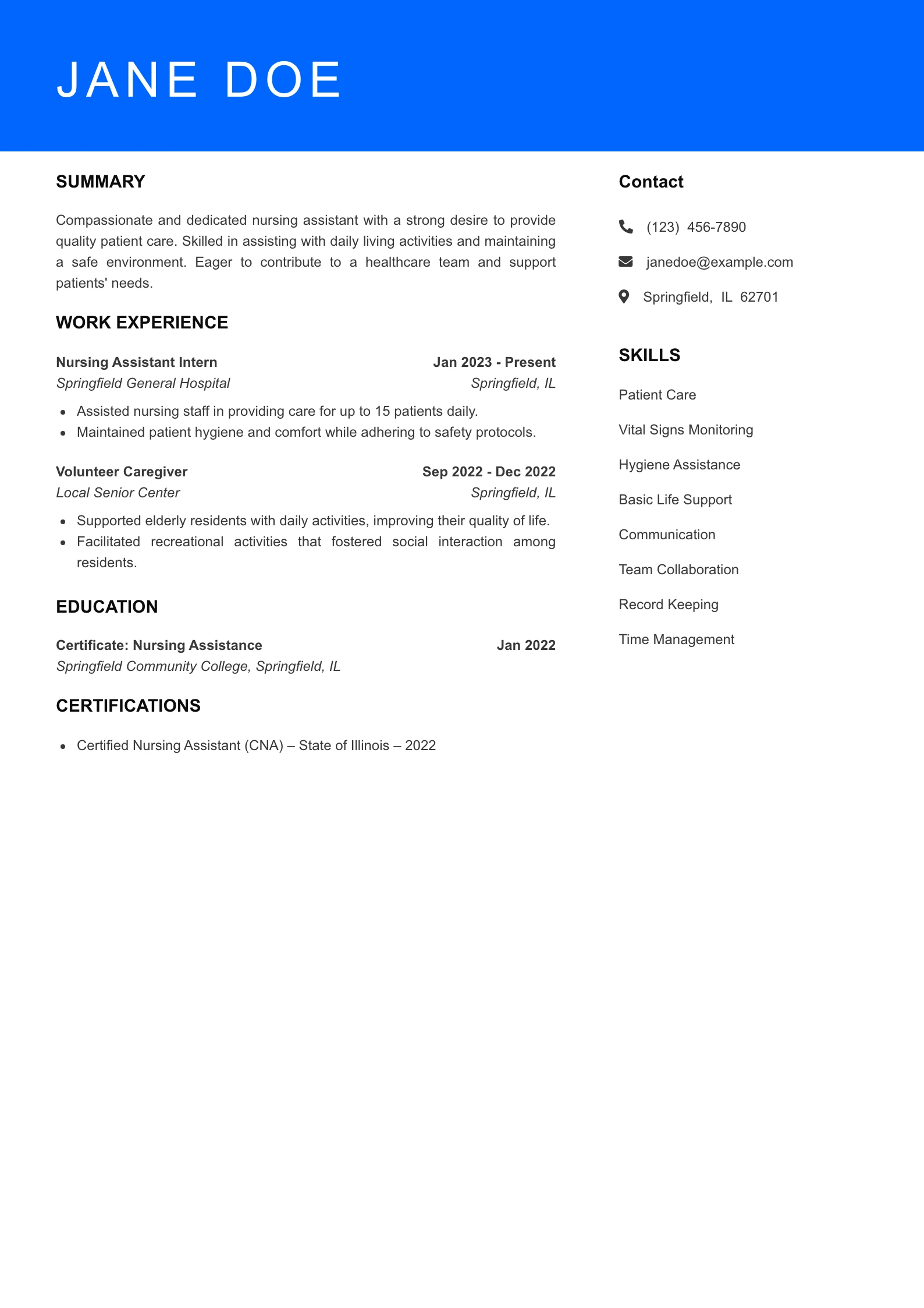 Selected Nursing Assistant Resume
