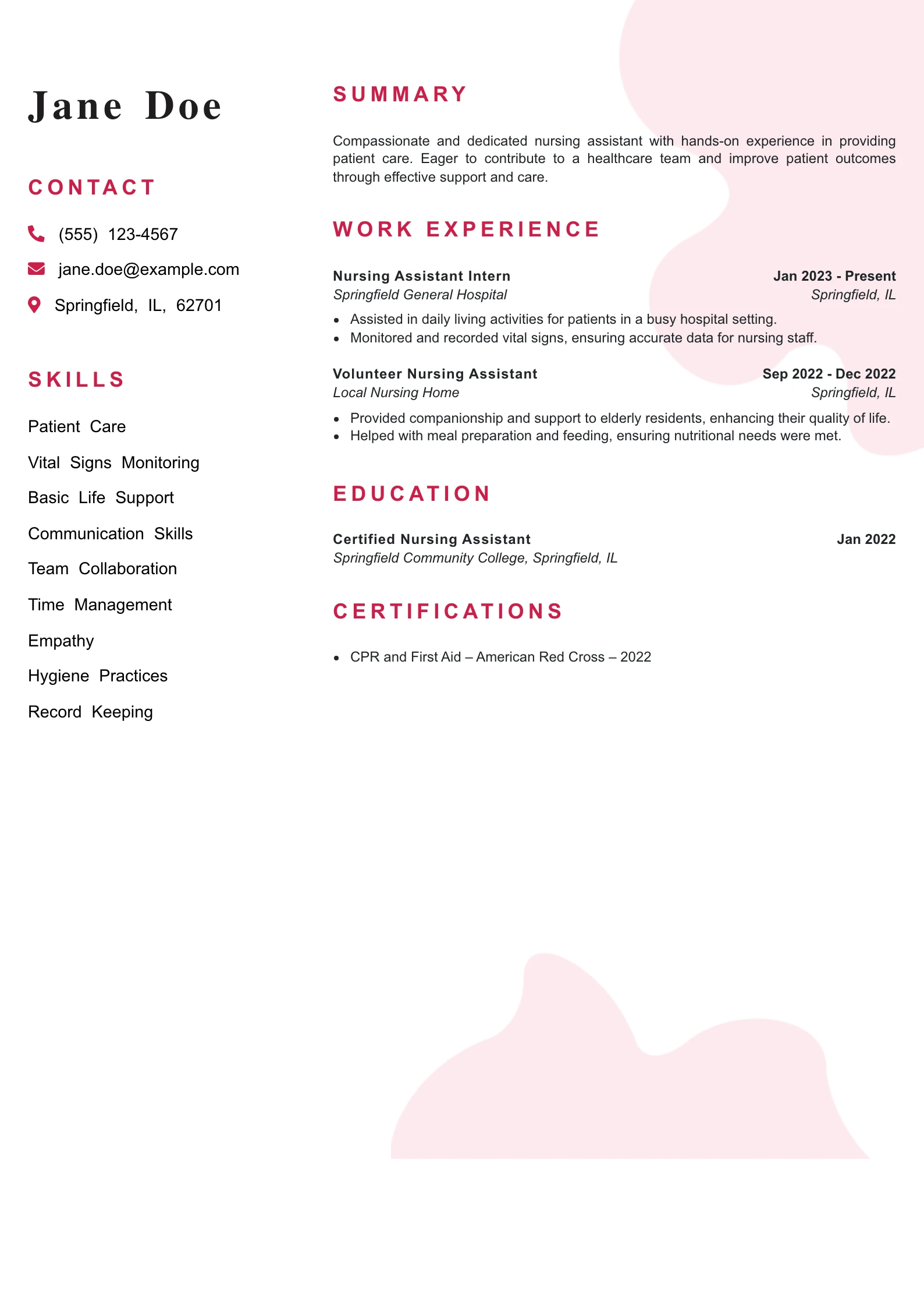 Entry Level Nursing Assistant Resume Example