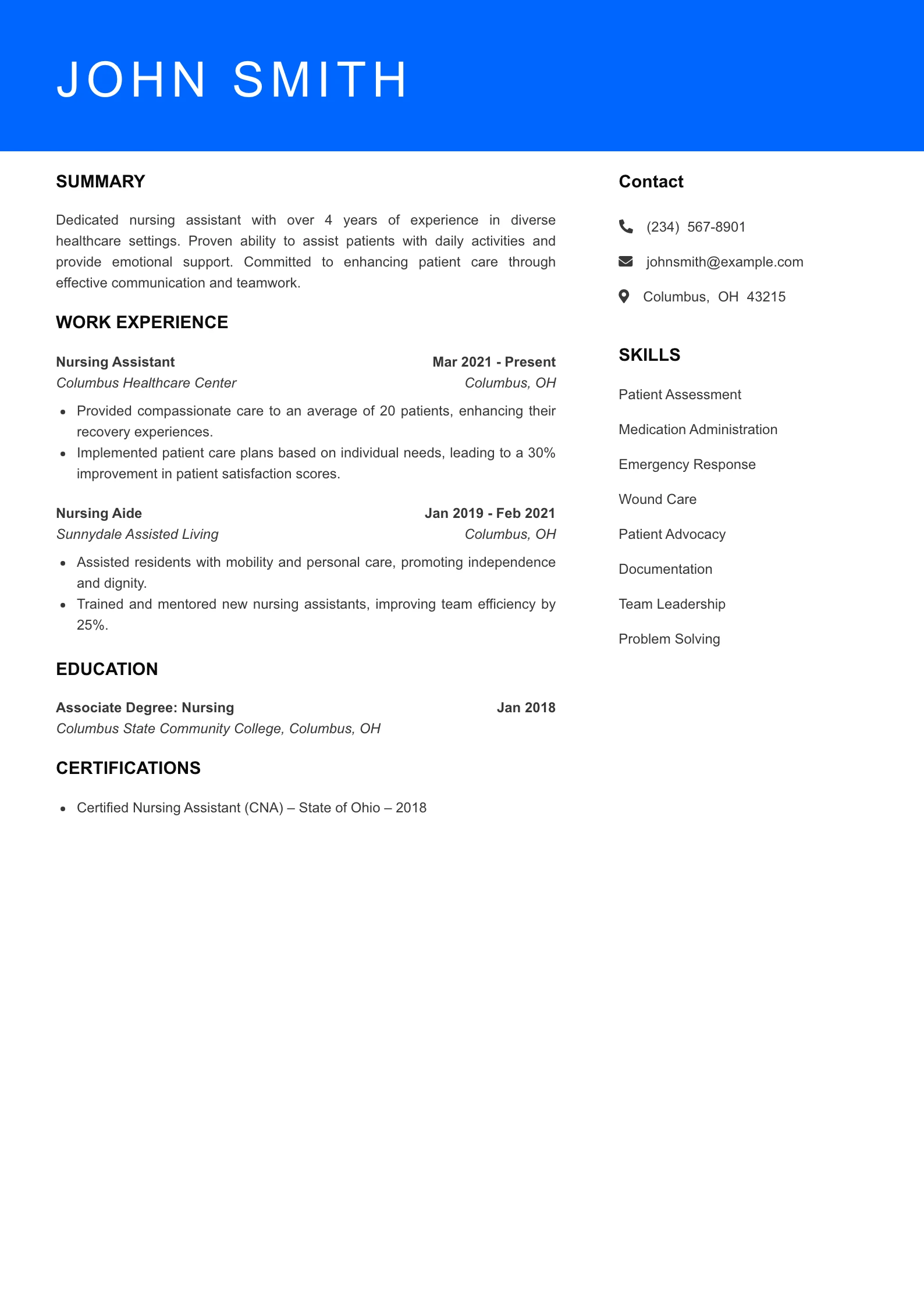 Mid Level Nursing Assistant Resume Sample