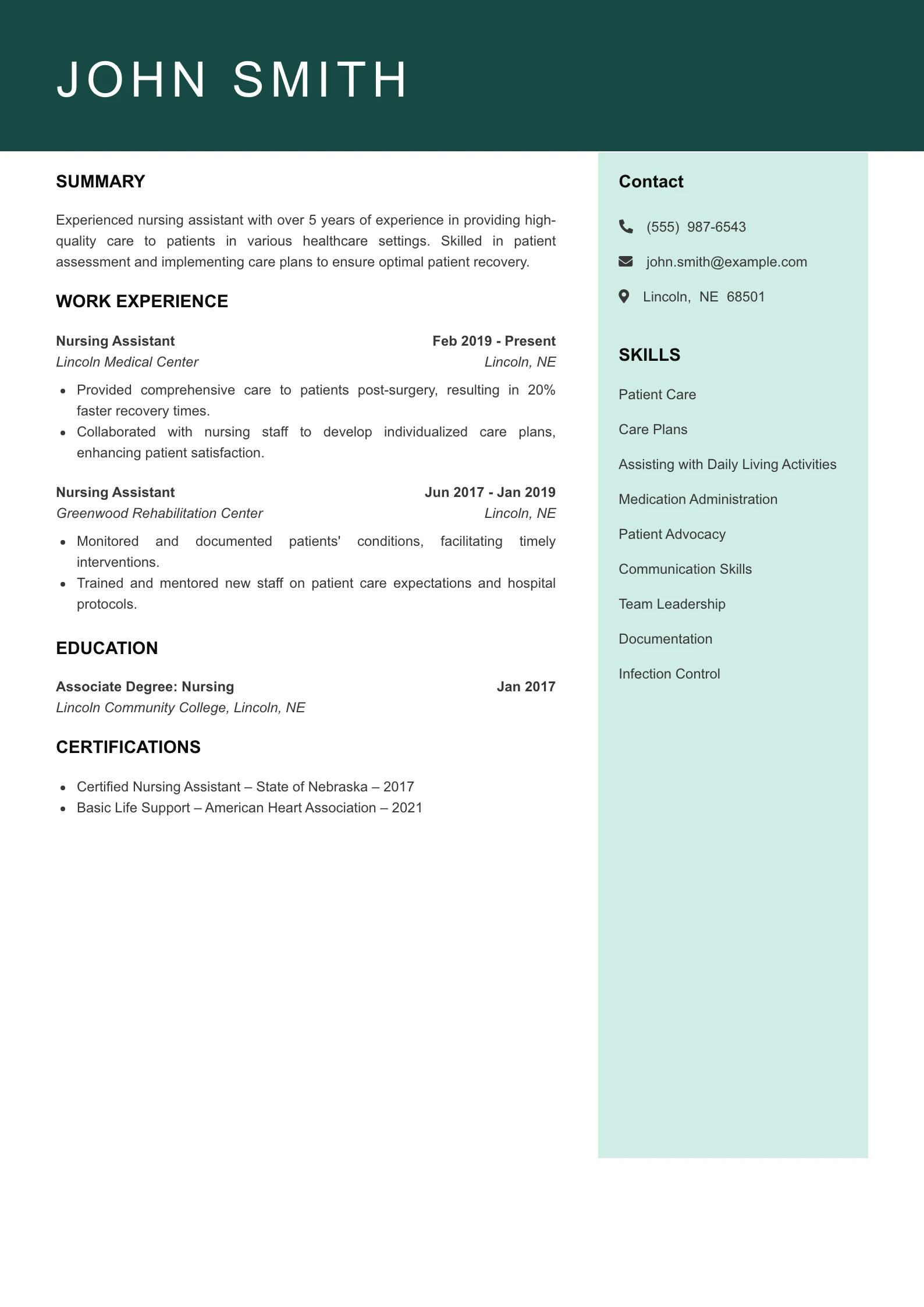 Mid Level Nursing Assistant Resume Example