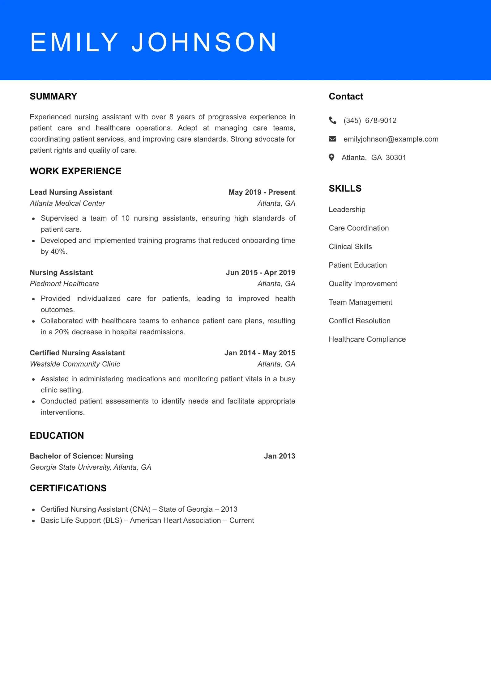 Senior Level Nursing Assistant Resume Sample