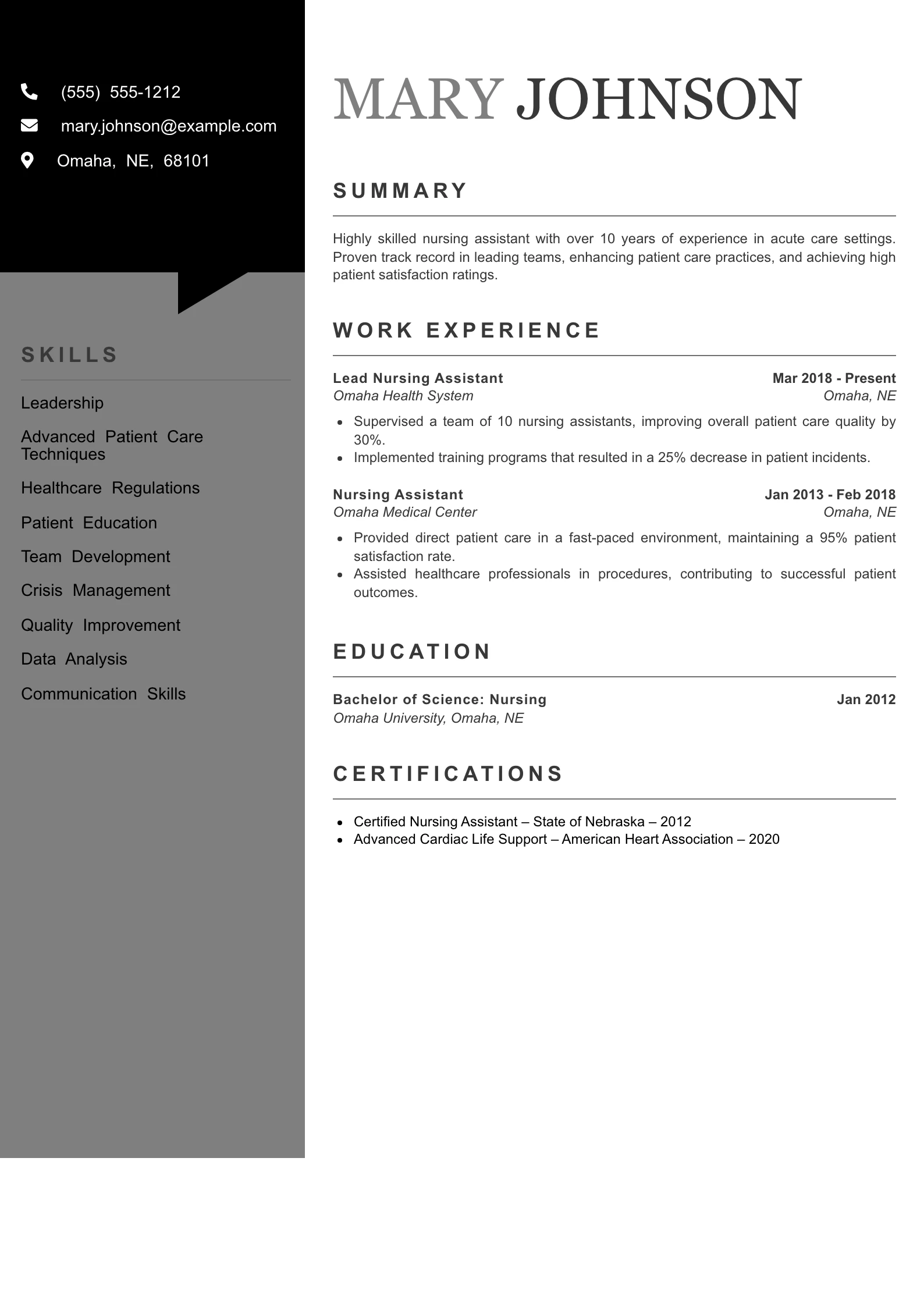 Senior Level Nursing Assistant Resume Example