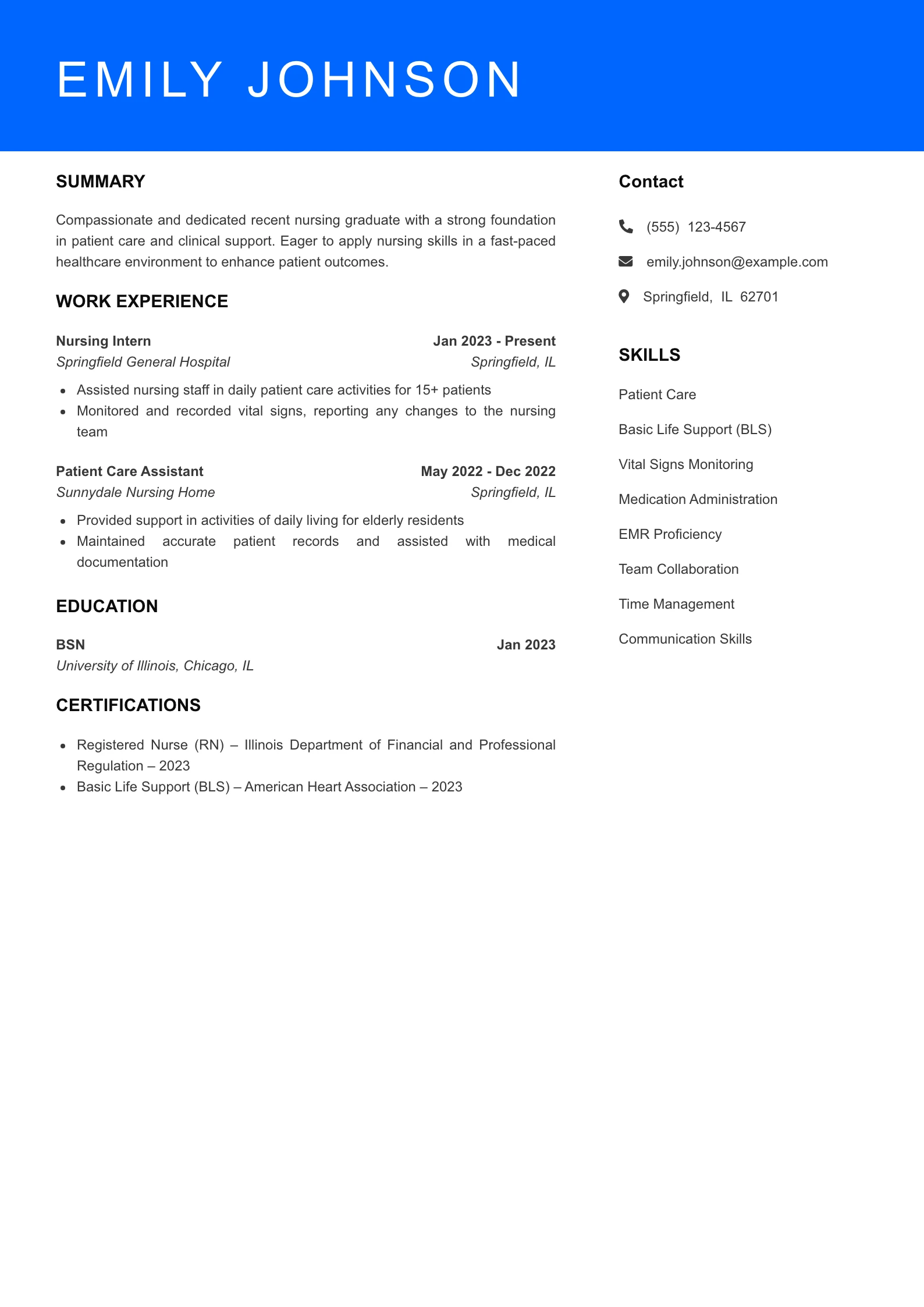 Selected Nursing Resume
