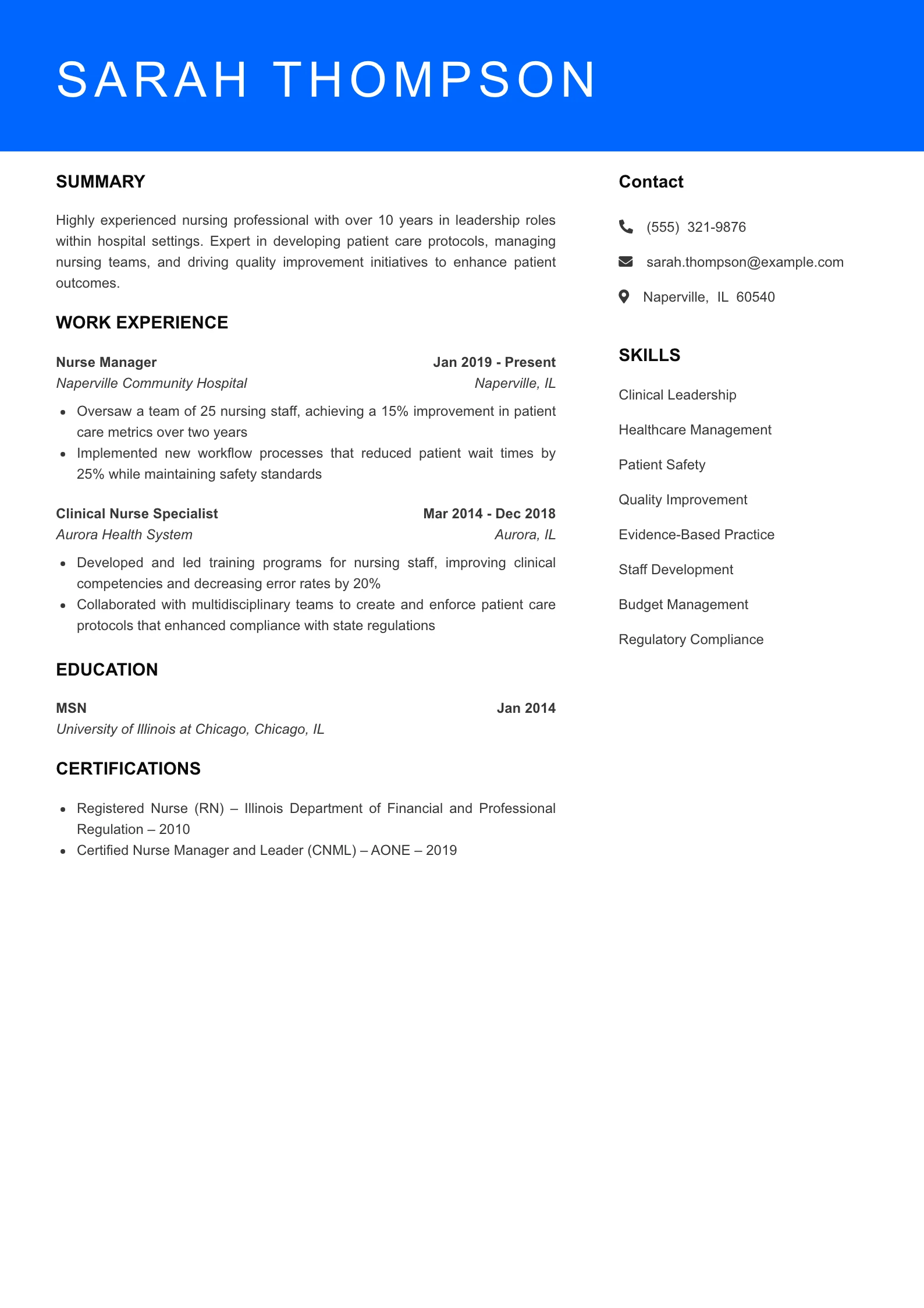 Senior Level Nursing Resume Sample