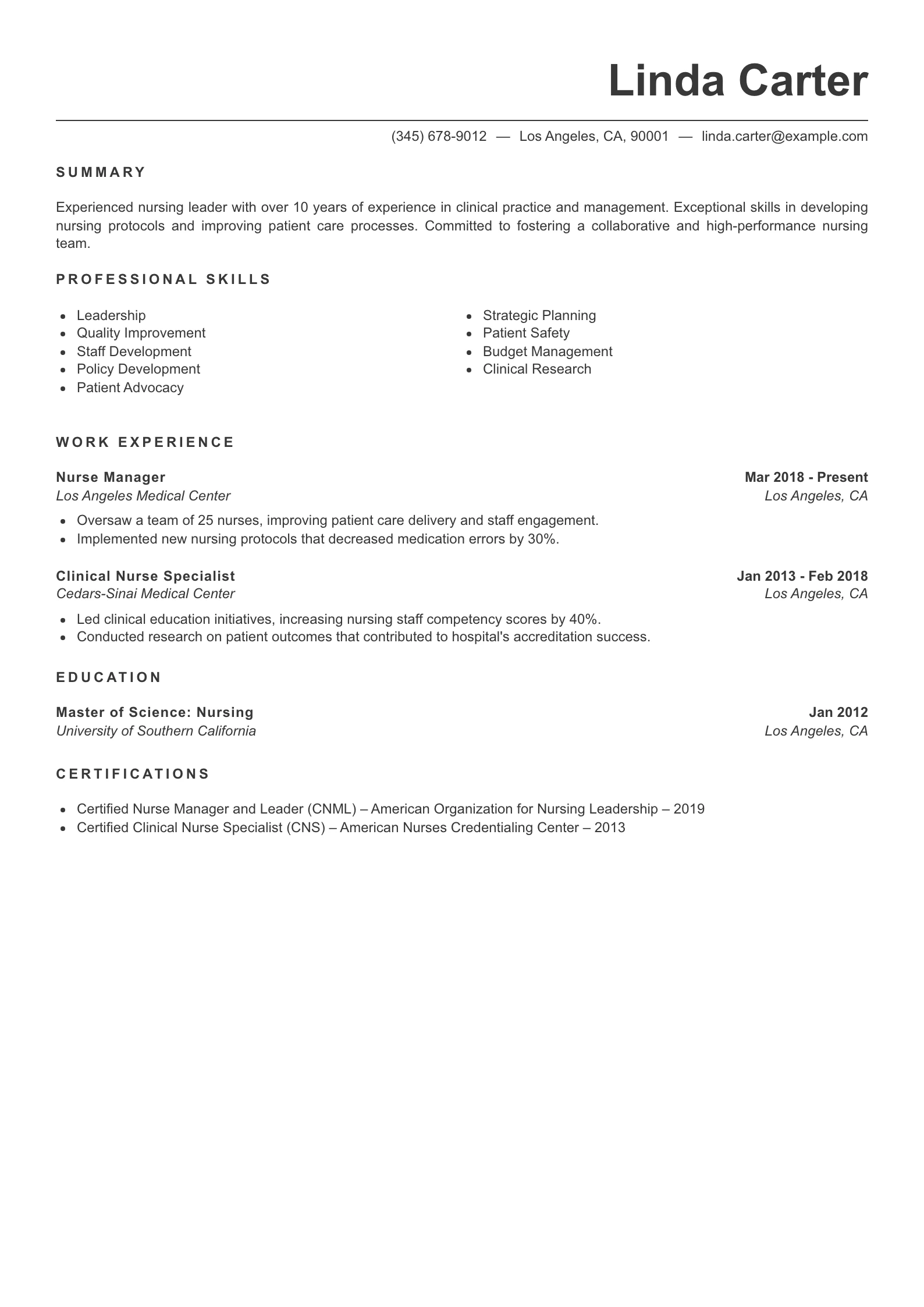 Senior Level Nursing Resume Example