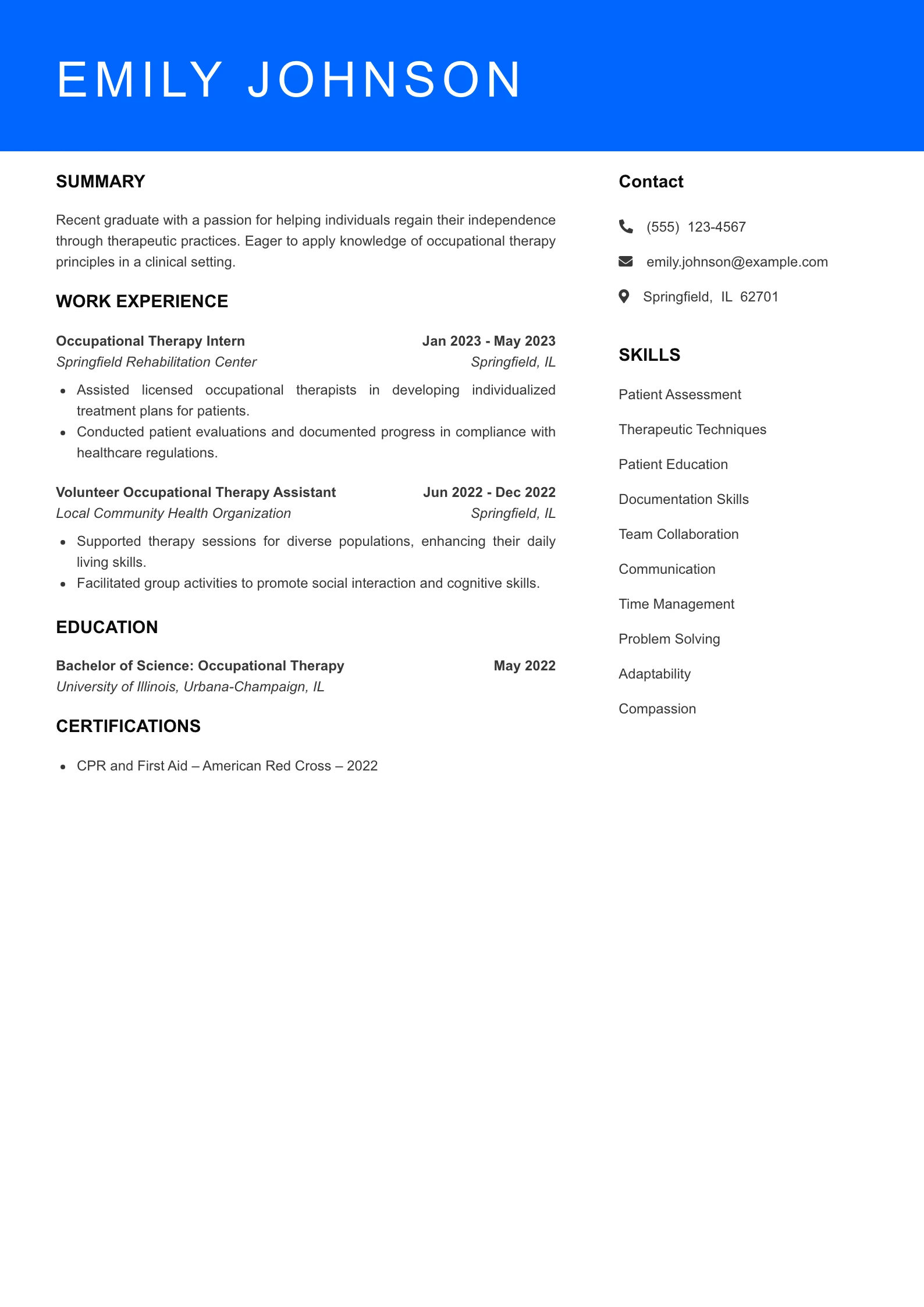 Selected Occupational Therapist Resume