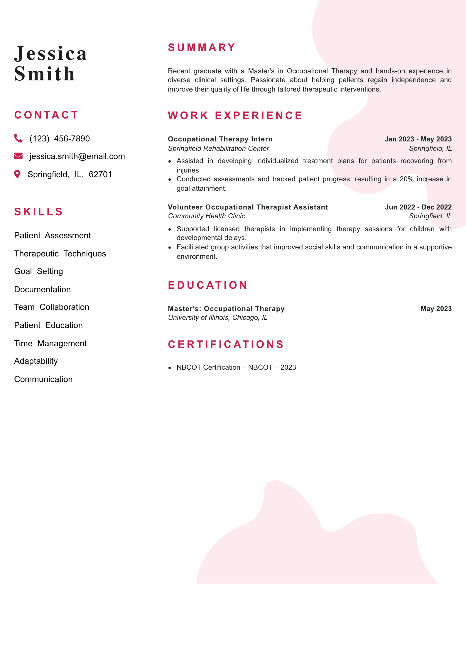 Entry Level Occupational Therapist Resume Example