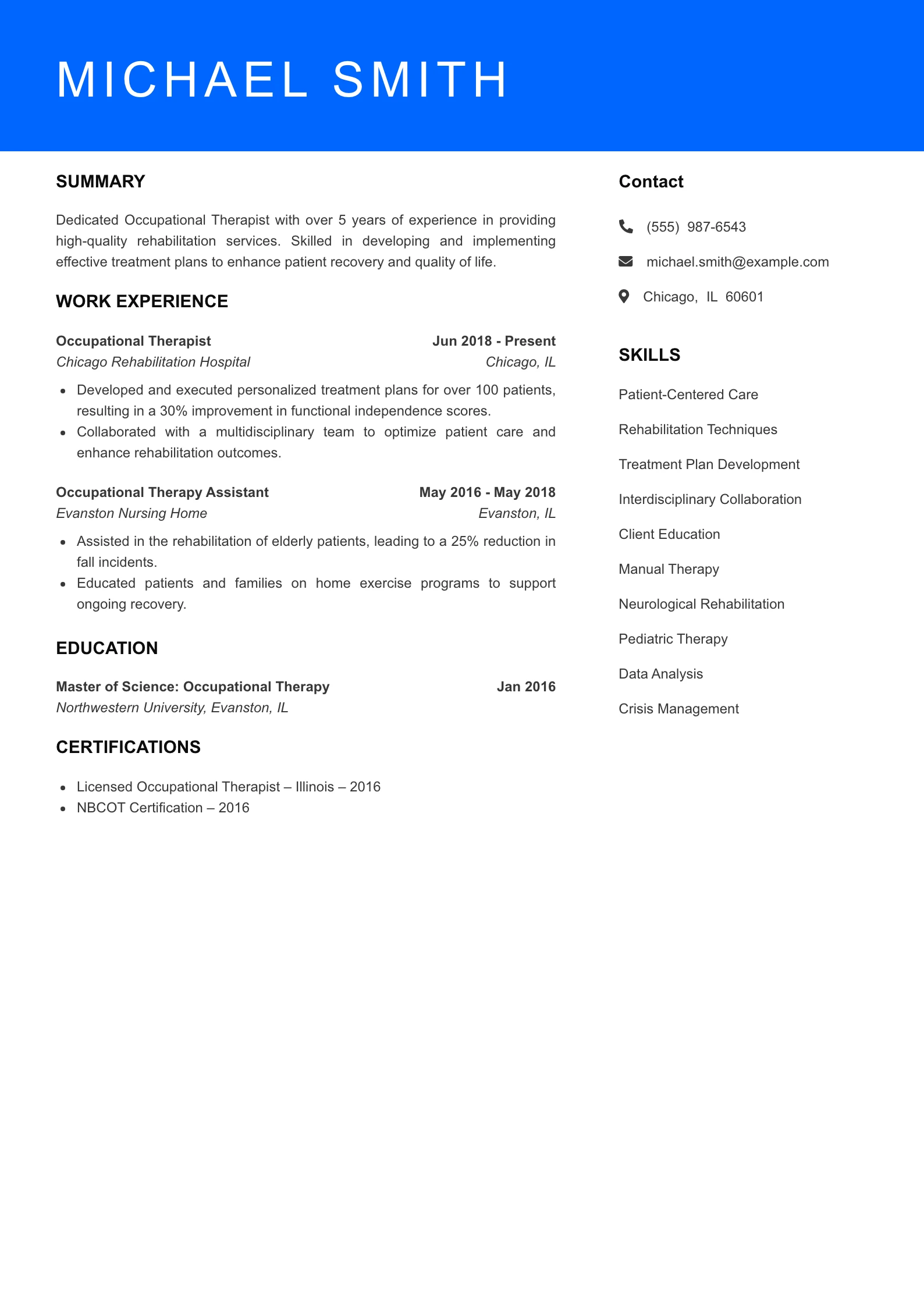 Mid Level Occupational Therapist Resume Sample