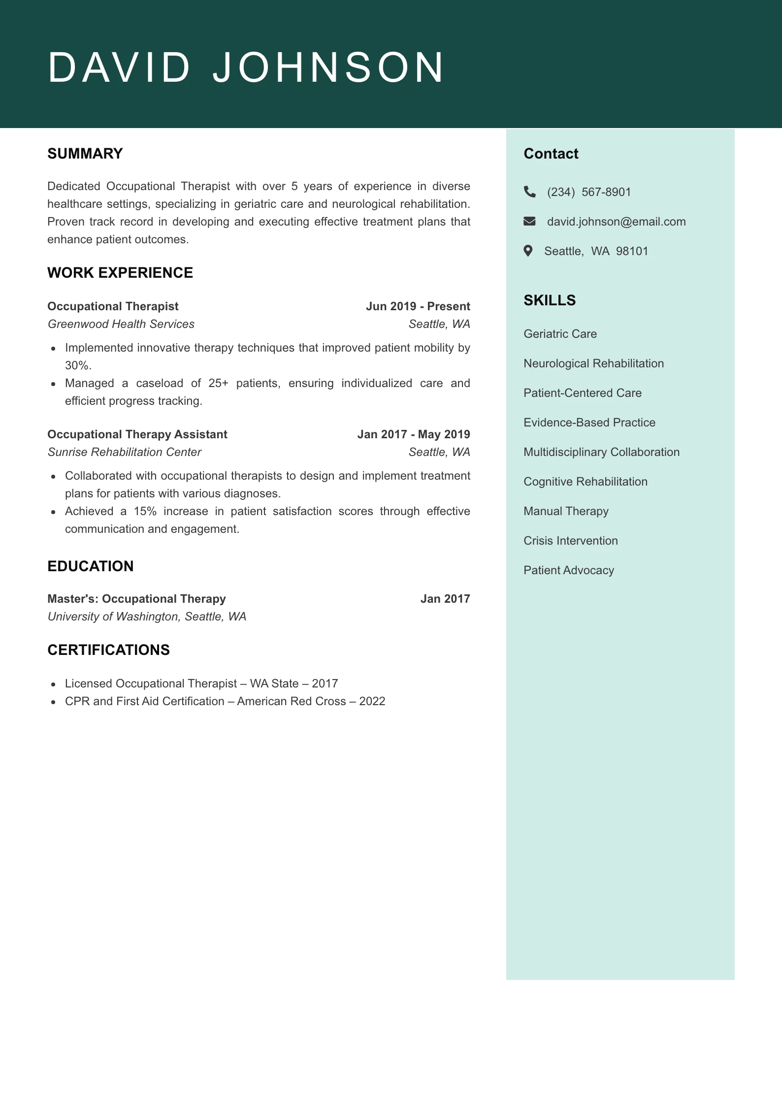 Mid Level Occupational Therapist Resume Example
