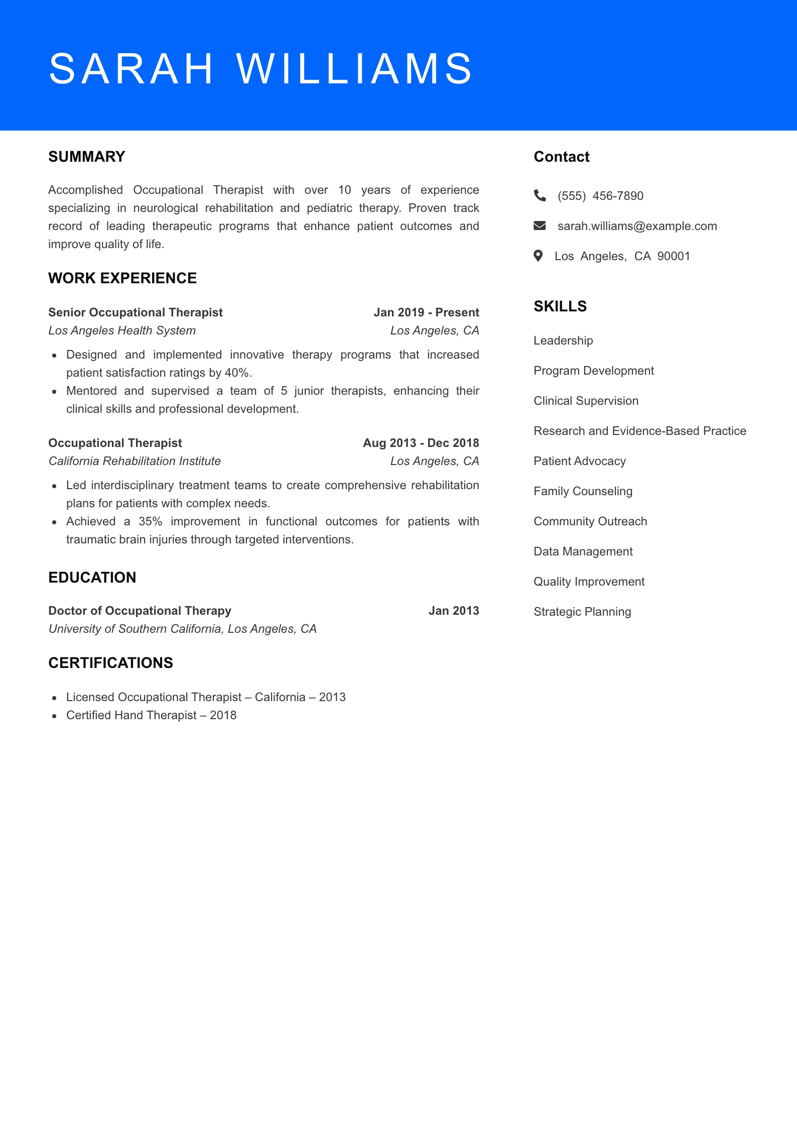 Senior Level Occupational Therapist Resume Sample
