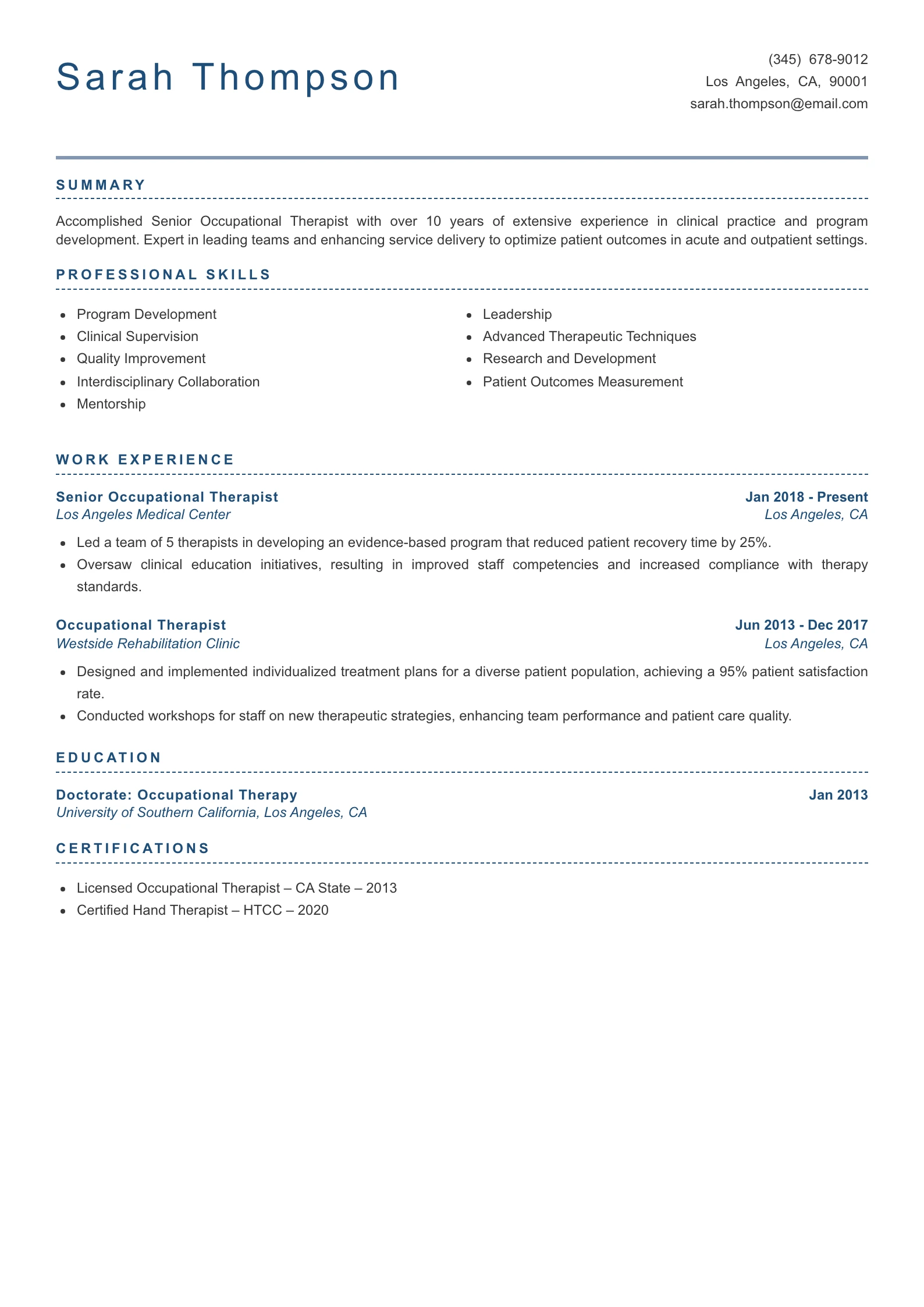 Senior Level Occupational Therapist Resume Example